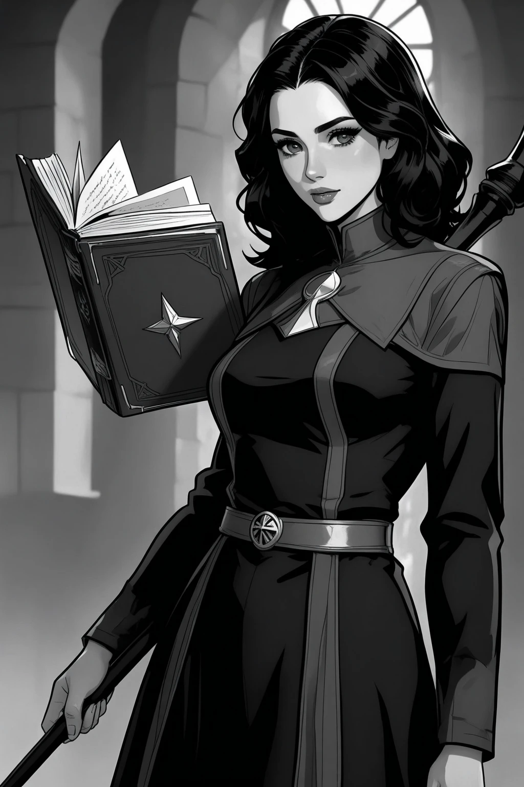 Saint Benedict with a staff in one hand and a book in the other 