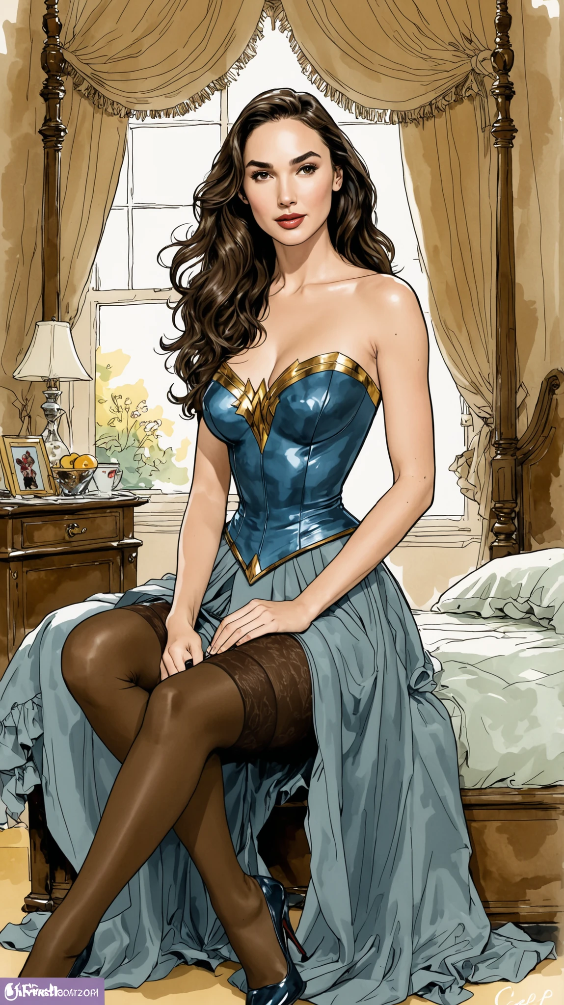 Wonder Woman, pin-up poster girl, pinup, pin up style, dramatic lighting, large breast, colorful , masterpieces, illustrated, detailed face, Detailed hands, detailed legs, tight body, pinup art style by Zoe Mozert