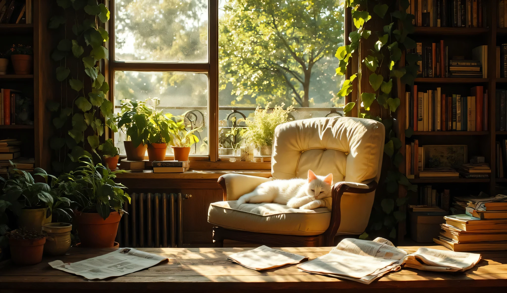 high-resolution digital painting of a serene sunlit reading nook nestled beside a large window framed with trailing vines and soft foliage. In the center, a white cat sleeps peacefully on a cushioned wooden armchair, its body curled in utter comfort. The sunlight filters through leafy branches outside, casting warm, dappled patterns across the cat’s fur and surrounding space. Tiny glimmers of floating dust catch the golden light, adding a sense of warmth and stillness.
The window reveals a lush green view of trees and balcony railings, slightly blurred, creating depth and tranquility beyond the room. Several potted plants line the windowsill, their leaves aglow in the afternoon sun. Around the chair, bookshelves brimming with novels and old volumes frame the scene, while a wooden table in the foreground holds scattered open newspapers, gently wrinkled and bathed in streaks of golden light.
The entire room radiates a mood of quiet nostalgia, with an atmosphere of slow, peaceful living. The soft interplay of natural light and shadow, the presence of everyday clutter, and the content slumber of the cat create a visual poem about rest, warmth, and comfort. Ideal for slice-of-life, cozy interior concept art steeped in afternoon calm