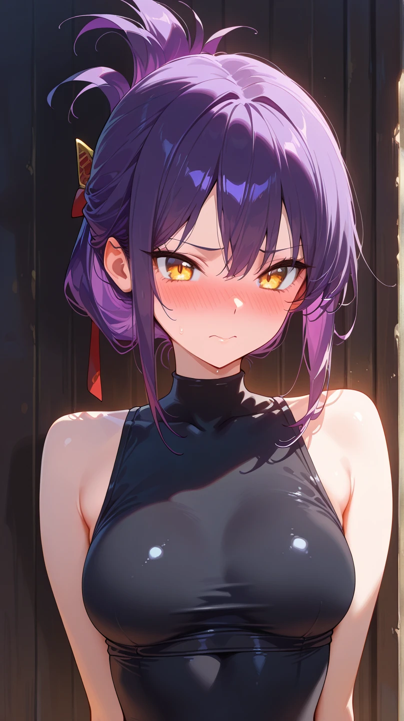 Adult woman, dark purple hair, low ponytail, golden eyes, cat ears, Killer form, Sleeveless, anger, Masterpiece, hiquality