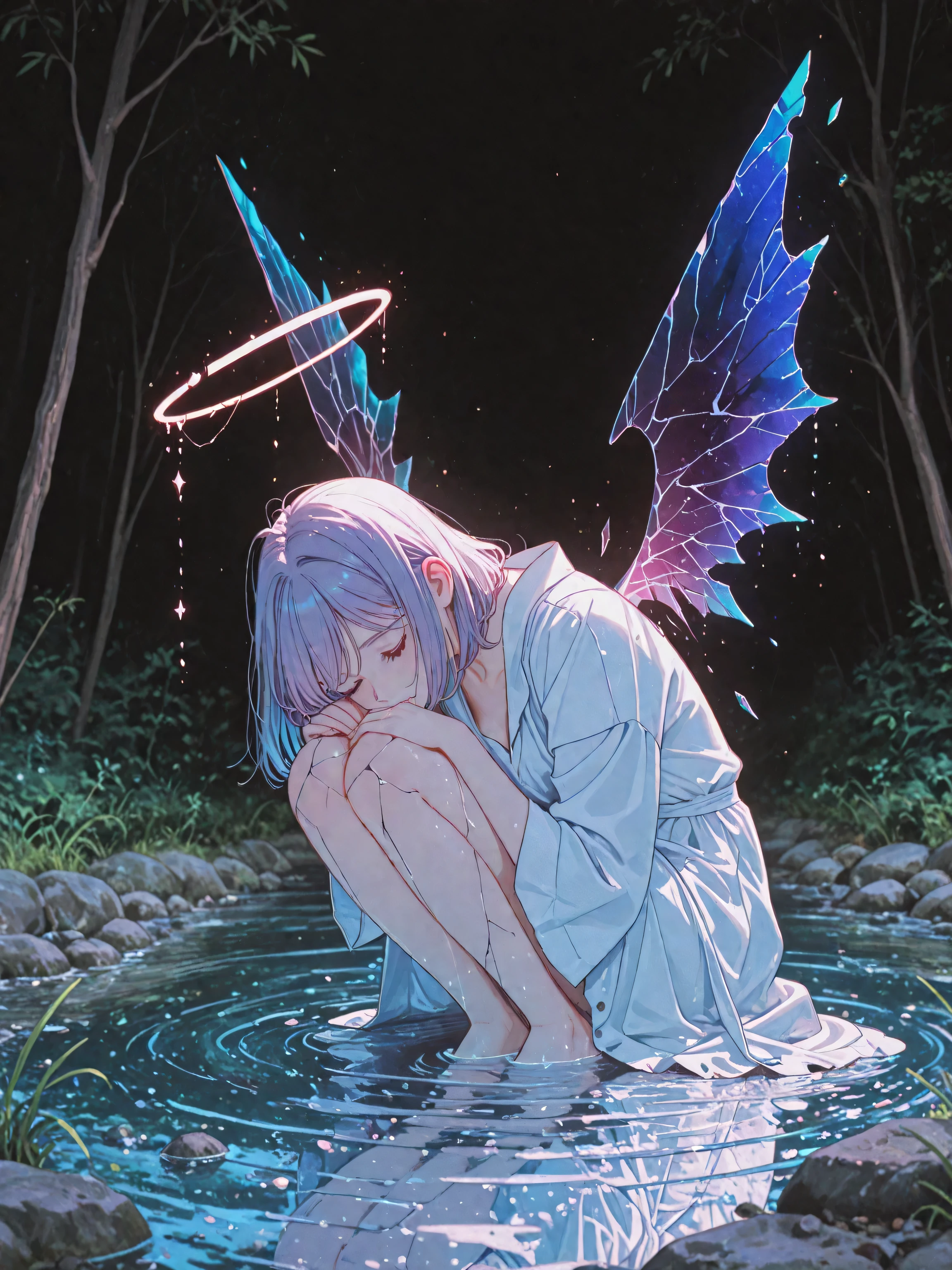 Beautiful fallen angel 8k, ultrarealist, shattered wings, on his knees in the middle of a river