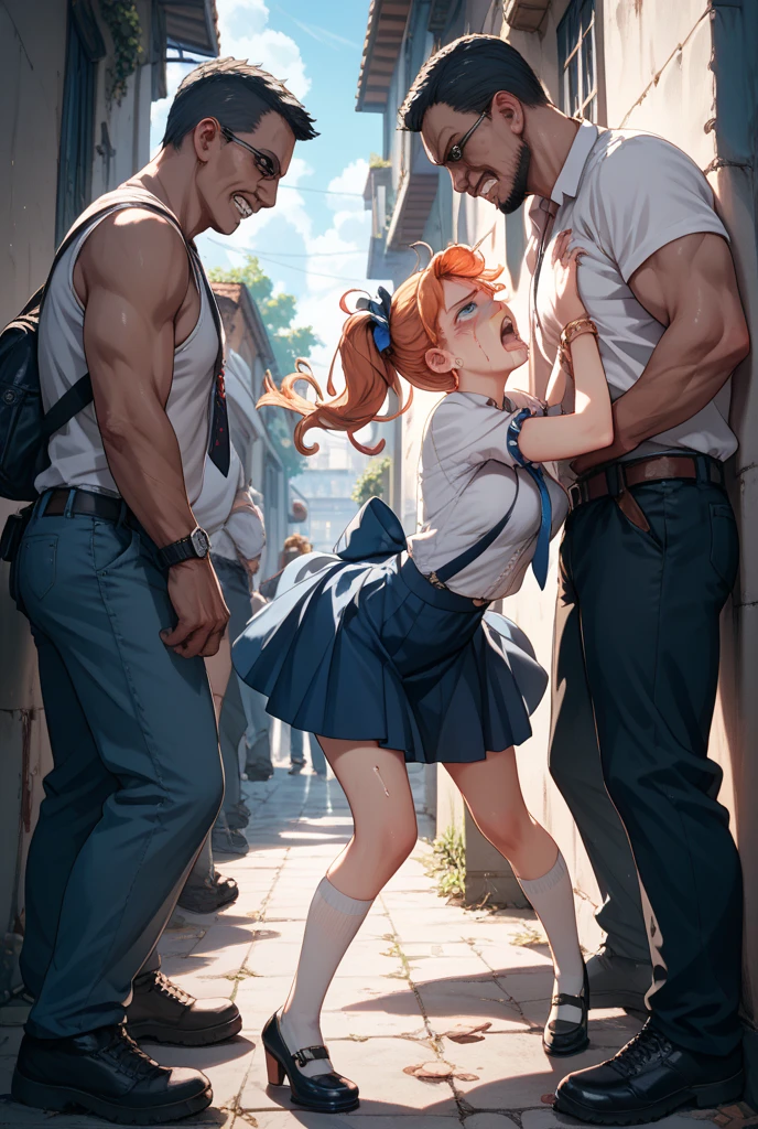 (1man:1.8),group,1girl, (crawl on all fours:1.3),short ponytails,beautiful girl,17 years old,,highschool student,akb48,nogizaka46,small breasts,skinny, brown hair,standing,(The woman is completely naked:1.7),fullnude,pussy,cry,tears,(collar:1.2),(restrained:1.2),(shackles:1.4),bdsm,public indecency,road in residential area,road,,Buildings outside,collar, (leash:1.4),(fullbody:1.3),A man takes a naked woman for a walk,The man holds a leash in his hand that connects to the woman's collar,man is 30 years old,
man is dog trainer,A man is training a woman,from side,penis,vaginal penis,doggystyle,penis in pussy,back,