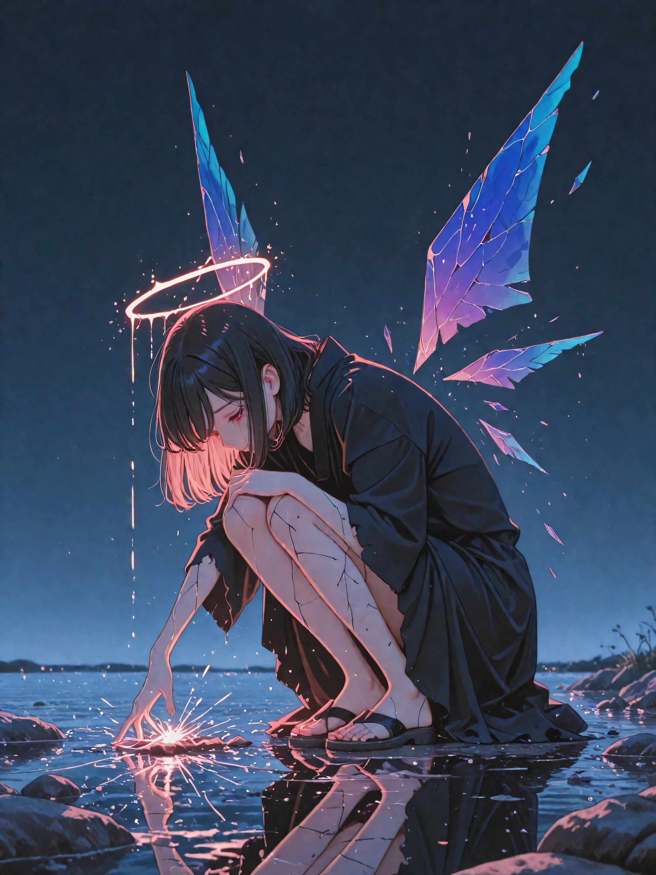 Beautiful fallen angel 8k, ultrarealist, shattered wings, on his knees in the middle of a river