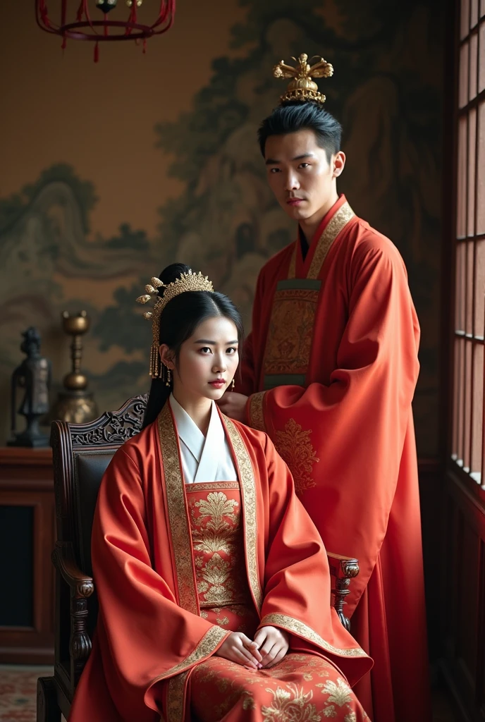 A age Korean prince boy from before with his crown and luxurious red Hanbok with a very beautiful Korean girl with a noble Hanbok