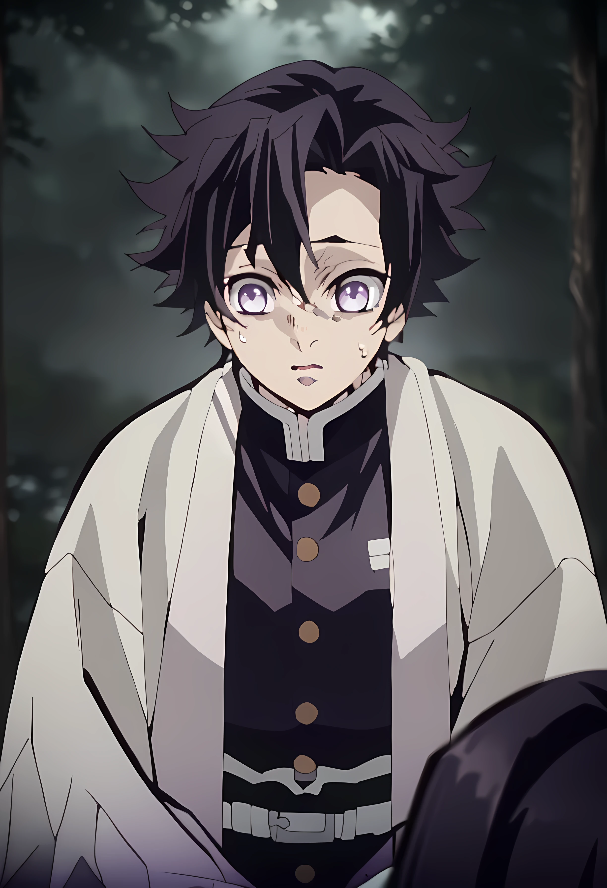 (Anime scene: enigmatic forest, moving character, character focus) A young boy with light brown skin, expressive, rebellious eyes, Kanae-style dark purple eyes. His haircut is short and upturned at the ends, with side-swept bangs, giving him a casual look. His hair color is a dark purple. He wears a haori with a simple pattern, parted at the chest, and carries a metallic gray sword. His hand rests on the sword's sheath. His mouth is open, as if he's talking in the scene, and his posture is arrogant. (Maximum quality, 4k. Character focus, excellent lighting, anime scene)