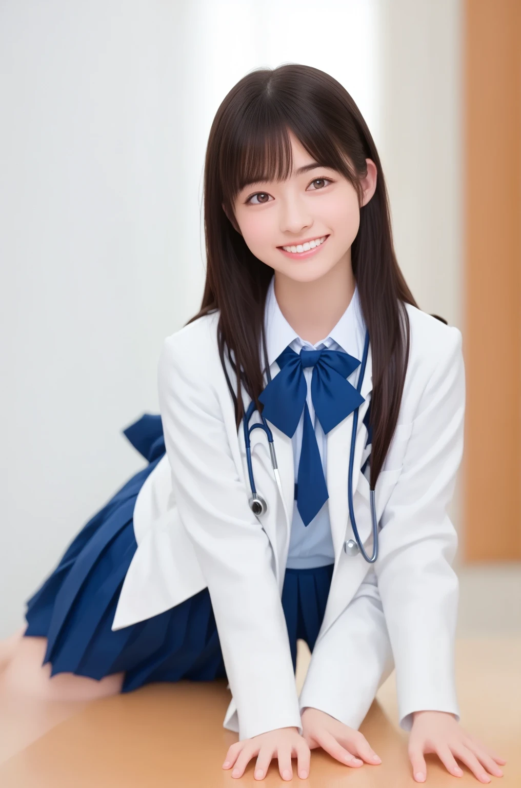 table top, highest quality, 8K, 16 years old, Ten generations, RAW photo, absurd, award-winning portraits, smile, smile, alone, daytime, idol face, violaces, delicate girl,  Digital single-lens reflex camera, looking at the viewer, Frank, Sophisticated, Zora々right, thin arms, professional lighting, film grain, chromatic aberration, (Eye and face details:1.0), (Bokeh:1.1), (hyper pretty face:1.2)、(beautiful face:1.2),　beautiful woman、nurse、nurse uniform、(半袖のnurse uniform:1.2), black haired、middle straight hair、bangs、(Japanese)、short hair、cute nurse、full body photo、full body figure、ミニスカートのnurse uniform、ナースのfull body photo、miniskirt nurse、New Nurse