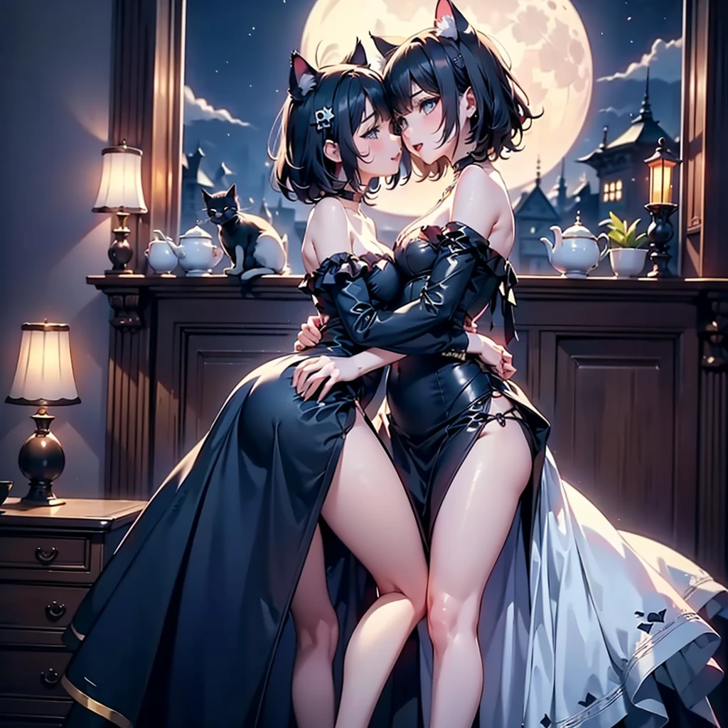 2D anime painting。Side angle cleavage gaze。Short Up。Wolf ears。blush、smile、looking at the camera。Seductive Pose。Succubus with glasses。