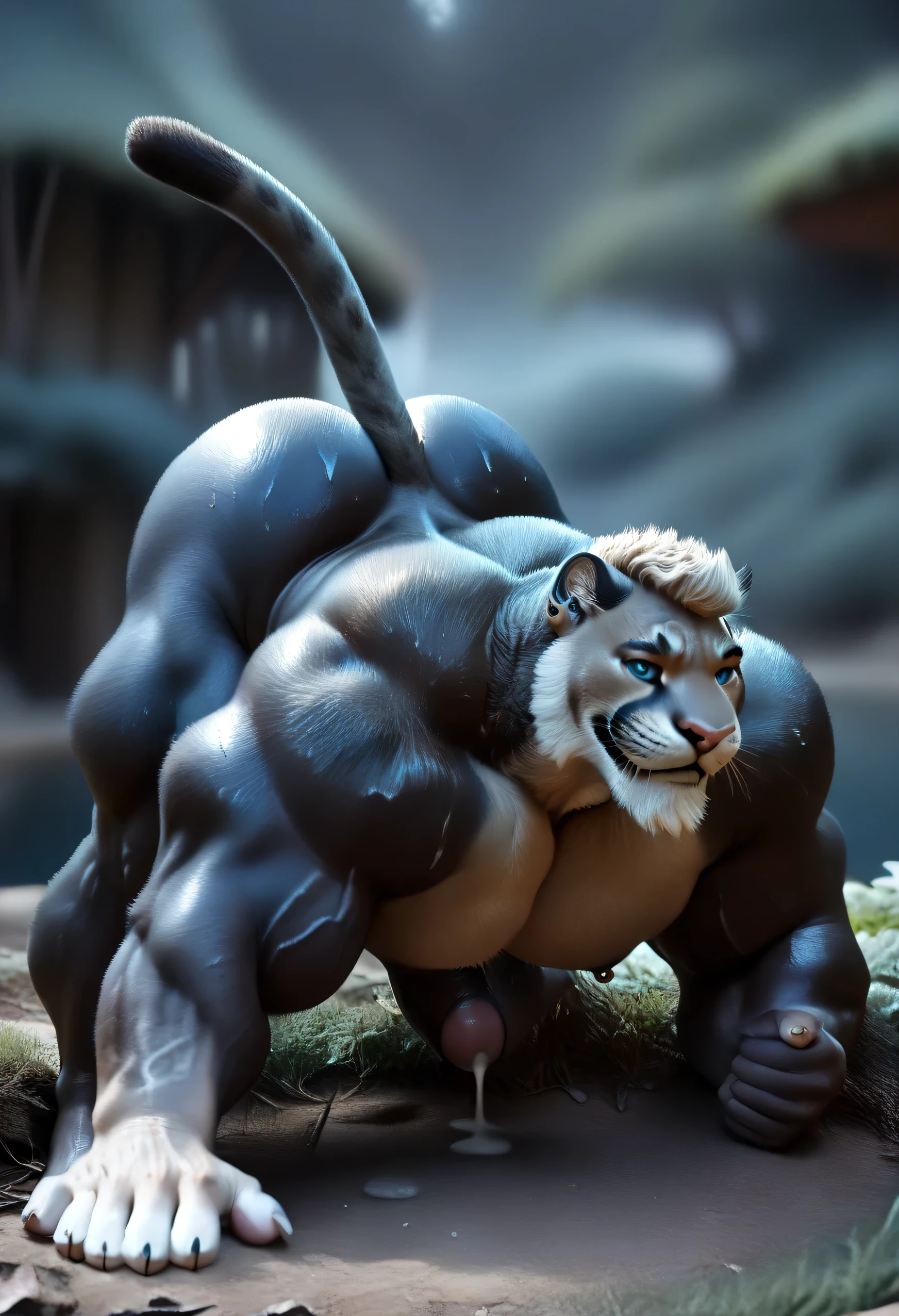 feral male lion looking at the viewer seductivly,fur,helmet,cute, looking behind, all fours,((backsack, puffy anus)) ((((scat, pooping, feces, anal scat, huge flared penis, veiny flared penis, fat flared penis, thick flared penis, huge balls, saggy balls, excessive pre cum))))tail simple background, jungle temple background,8k,4k,highres