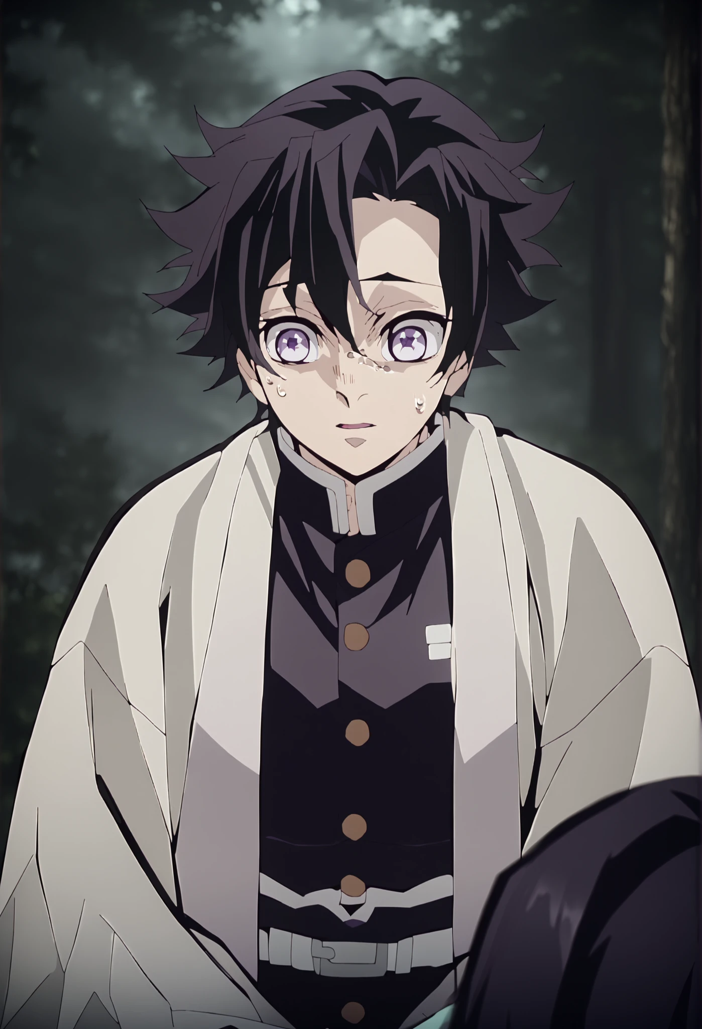(Anime scene: enigmatic forest, moving character, character focus) A young boy with light brown skin, expressive, rebellious eyes, Kanae-style dark purple eyes. His haircut is short and upturned at the ends, with side-swept bangs, giving him a casual look. His hair color is a dark purple. He wears a haori with a simple pattern, parted at the chest, and carries a metallic gray sword. His hand rests on the sword's sheath. His mouth is open, as if he's talking in the scene, and his posture is arrogant. (Maximum quality, 4k. Character focus, excellent lighting, anime scene)