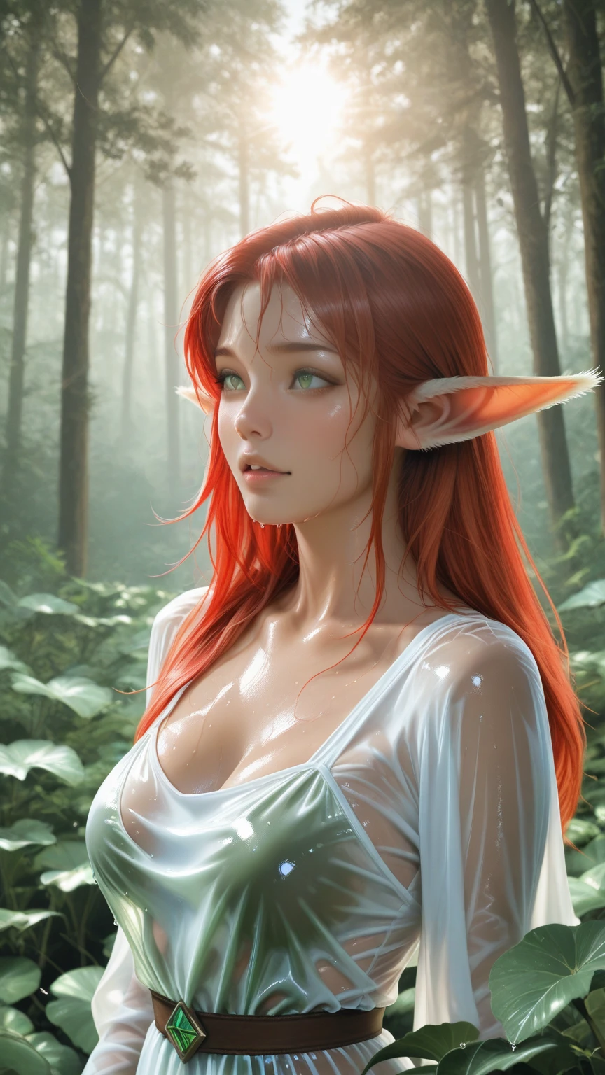 (1,girl, solo:1.2 ), ((girl is a nude winged Fairy):1.1), (redhead long hair):1.1, (girl is in the water), (detailed olive eyes, face)), (background, enchanted forest, waterfall, flowers)