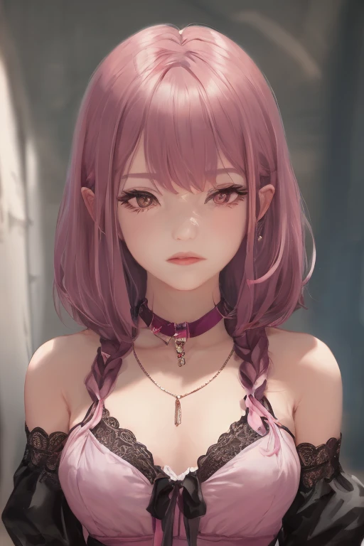 (Masterpiece, BestQuality:1.3), (ultra detailed:1.2), (hyperrealistic:1.3), (RAW photo:1.2), High detail RAW color photo, professional photograph, (Photorealistic:1.4), (realistic:1.4), (Pink Hair:1.5), professional lighting, perfect anatomy, (Big Breasts:1.2), (blush, detailed face), (cheerful Smile:1.5), Trending Hair&Trending Hairカラーをランダムに, earrings, necklace, bracelet, sexly, erotic sexly, Random sexy gravure poses, (Beautiful cosplayer wearing a purple and black Gothic Lolita dress、With a mysterious smile in an old church、Holding a black rose。Lace headdress on head、On his feet he wears black boots。: 1.3)