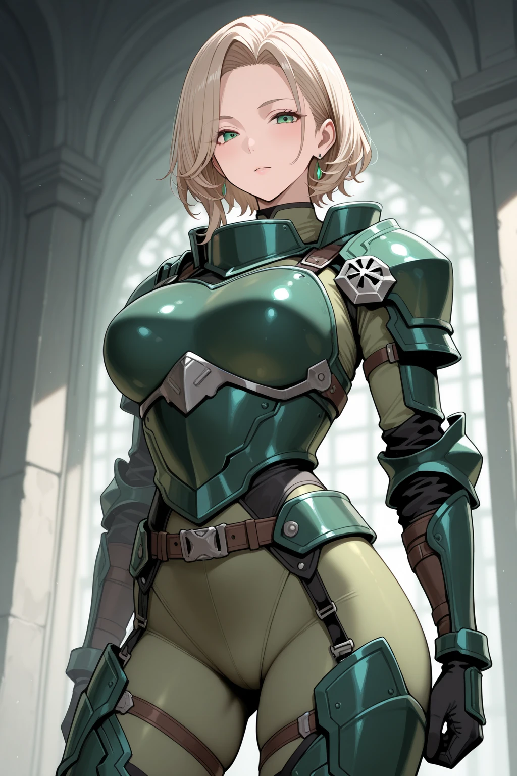 Military green translucent armor，Arm mecha，blonde short hair，Long ponytail hairstyle，Large Breasts，Cleavage，Pistol hanging from waist，fighter pilot，fighter hangar，Sexy，Lipstick，miss，Golden Eyes，stockings，Short skirt，Smile，red glasses
