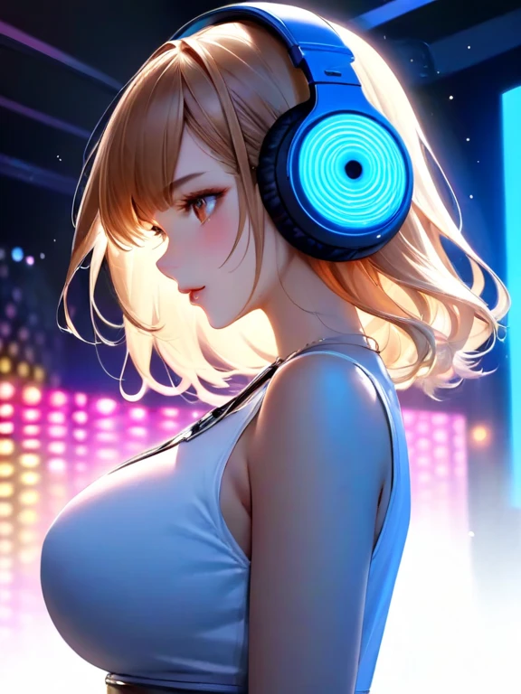 1girl,beautiful detailed eyes,beautiful detailed lips,extremely detailed face and eyes,long eyelashes,headphones,dj booth,dj,music,club,nightclub,red laser lights,blue laser lights,random laser points,virtual space,golden laser beams,purple laser lights,dj booth,stage,beautiful detailed hands,big breasts,(best quality,4k,8k,highres,masterpiece:1.2),ultra-detailed,(realistic,photorealistic,photo-realistic:1.37),vibrant colors,dramatic lighting,cinematic,dynamic composition