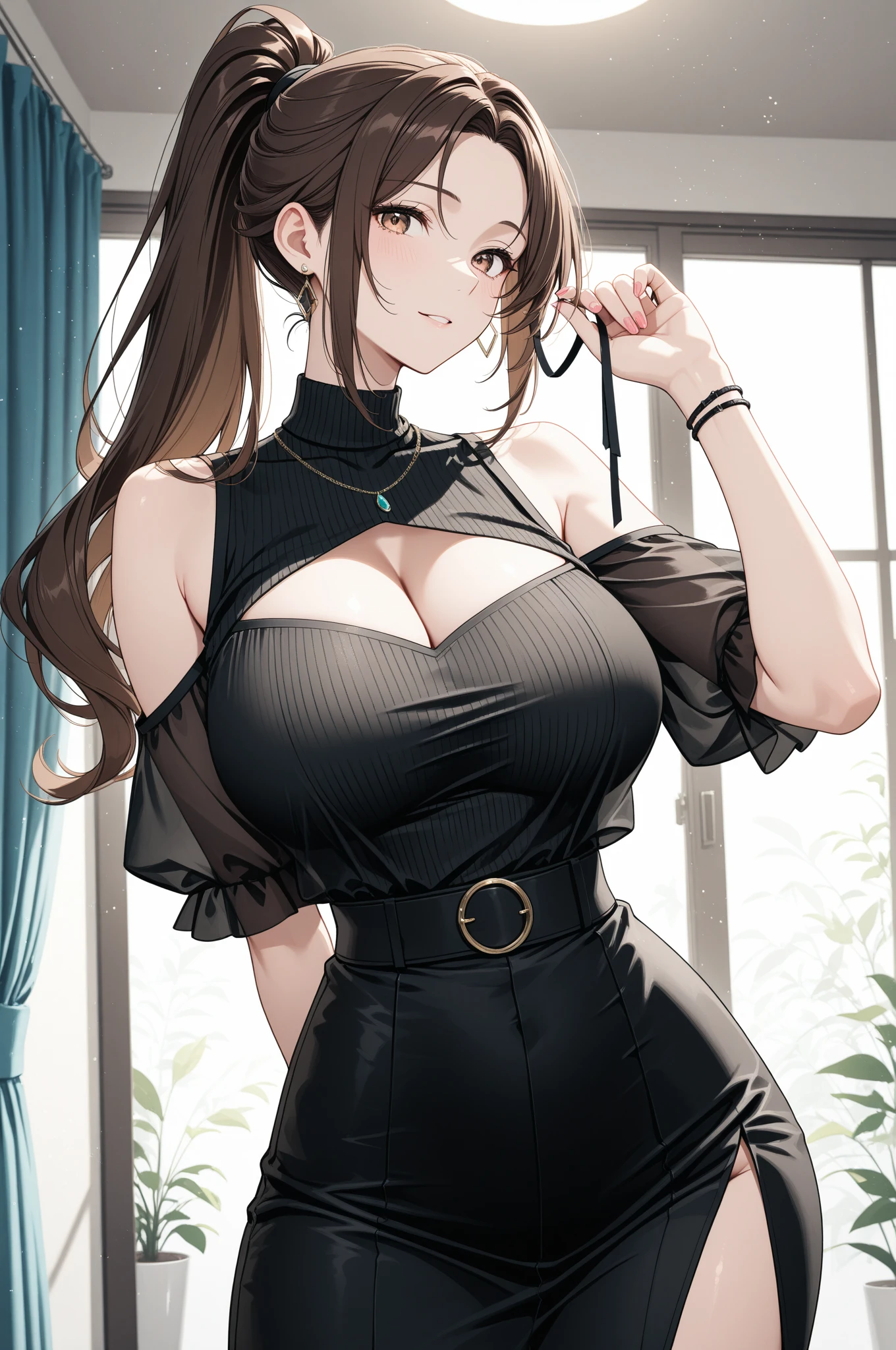 ((masterpiece, best quality, high resolution, ultra high definition, Pixel perfect, depth of field, 4K, RTX, human development report))), 1girl in, single, alone, Beauty、see whole body、 ((Long hair to waist, Short Liuhai, reddish brown hair)), ((blue eyes, beautiful eyelashes, realistic eyes)), ((Detailed face, blush:1.2)), ((smooth texture:0.75, lifelike质感:0.65, lifelike:1.1, Anime CG style)), medium breasts, Perfect body, ((low cut dress, bare shoulders ,Black tights)), Smile, side sitting position, Look down from above、(The wind is strong and blows my hair,Expose left shoulder、Black tights) , Night view hot spring,Snowy nights