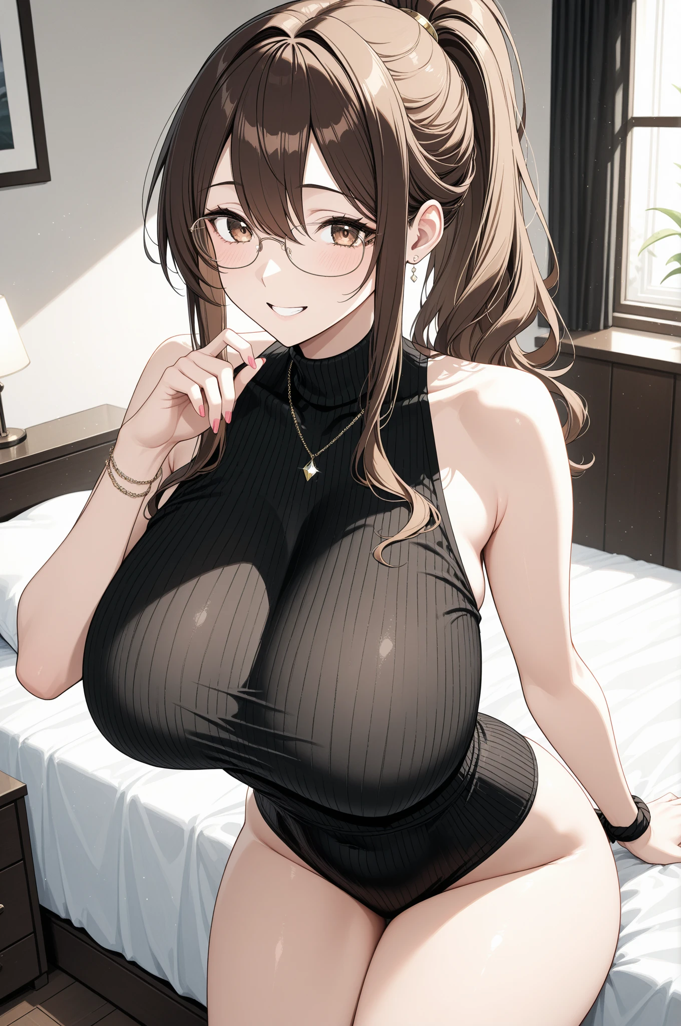 ((masterpiece)), ((Ultra quality)), ((super detailed)), ((high resolution)) ,((8k)), a beautiful woman, ((She is one of the most famous female Gravure Model in the world.)), unparalleled beauty, ((huge breast:1.6)), ((large ass)), ((deep cleavage)), slim waist, chest out, ultra detailed face, perfect skin, (((Hair that reaches down to the neck, Beautiful long, straight brown hair))), ((slant eyes, brown eyes,  detailed eyes)), whole body image, sexy, an inviting smile, sensual, (((anime))), ((glamorous)), sexual attraction, ((26 years old)), ((incredibly beautiful woman)), ((The H cup bust)), ((sex friend)),  (((Halter neck high slit dress))),  ((beautiful breasts)), beautiful legs, 8 life size, anime, ((charm)), ((Half Japanese and half Russian)), ((Grown-up face)), Late night hotel district, ((Secret meeting)), Lust, Exuding sex appeal, ((Date)), ((Provocative smile)),