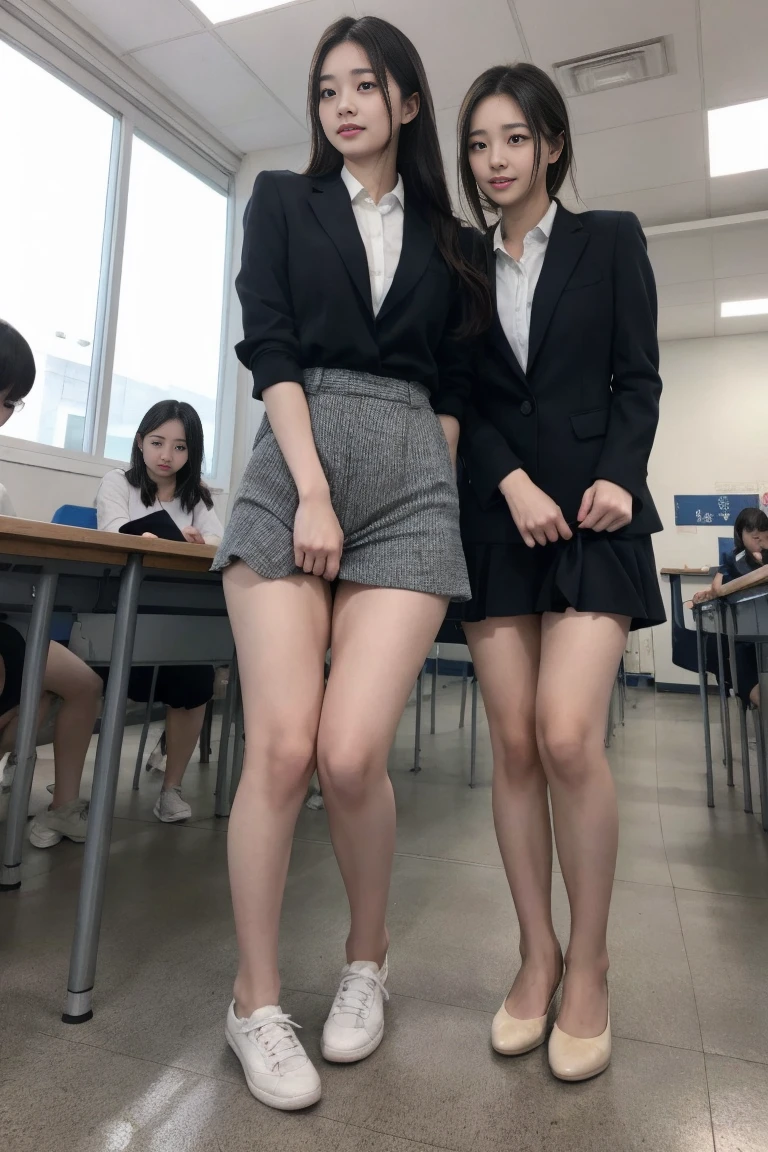 (best quality,8K,超detailedな:1.2),(shot from a distance,full body photo、Japanese female teacher,school classroom、Classes are continuing,behind the blackboard,A close-up of the leg rest is small.),realistic skin,wearing a black suit, white shirt and gray tight skirt, cleavage、mature woman,35 years old, with short black hair, my cheeks are red, lipstick, I have a mole on the corner of my left eye,(master piece),(hyper hd:1.0),(detailed, That's excellent, exquisite),(high school classroom),(8K, best quality)、((Sitting on a chair and opening legs:1.5))、mini skirt、angle from below