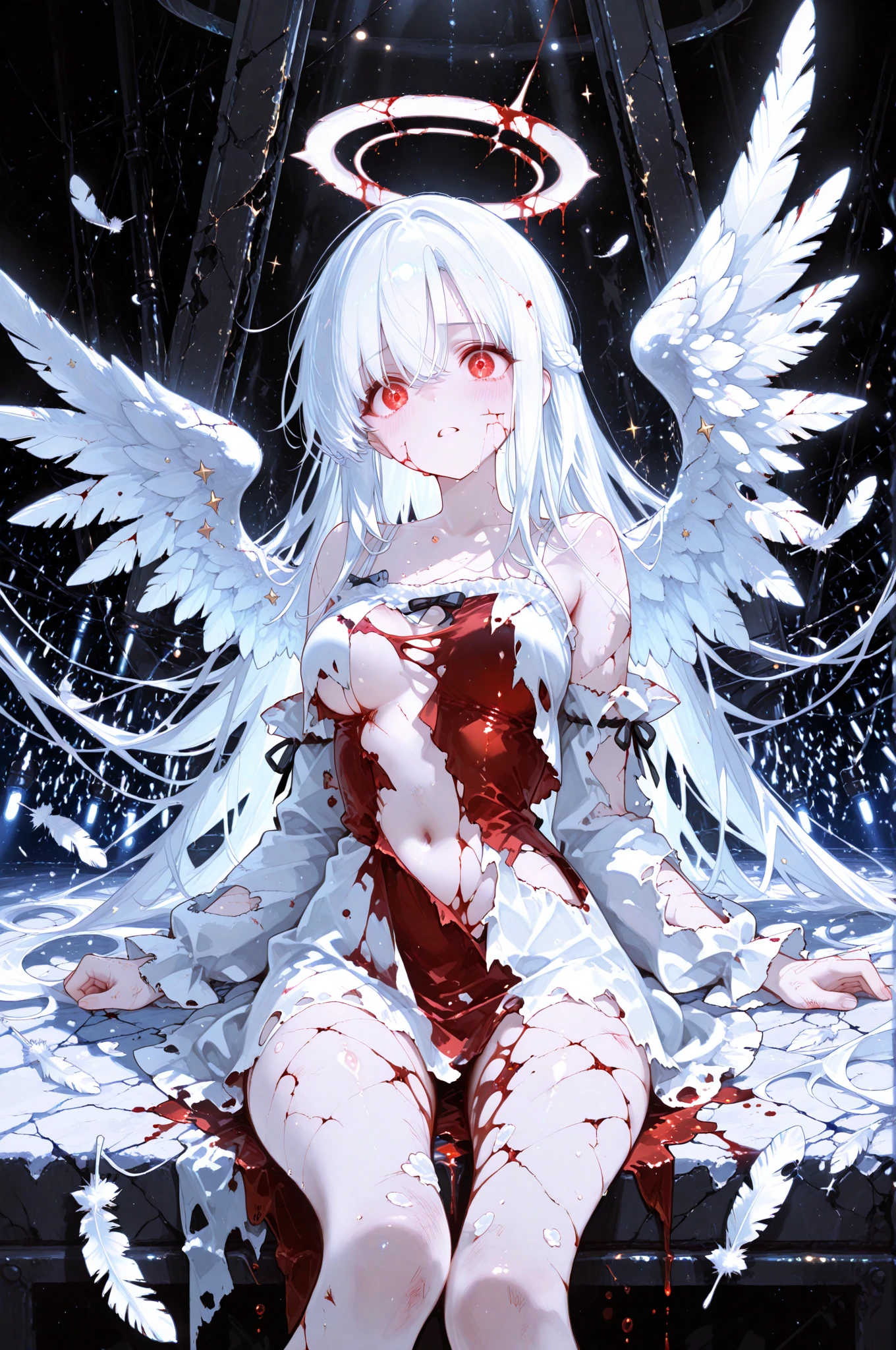 (masterpiece:1.1), (best quality:1.1), (Vibrant colors:1.1), (Solitary:1.2), (1 Girl:1.0), ((weightlessness,Falling posture)),Drunk,Close your eyes,Tears,((Broken lens)), (stocking:1.0), ((Broken feather wings)),Angel Wings, (fallen Angel),Torn light-colored clothing,Blood