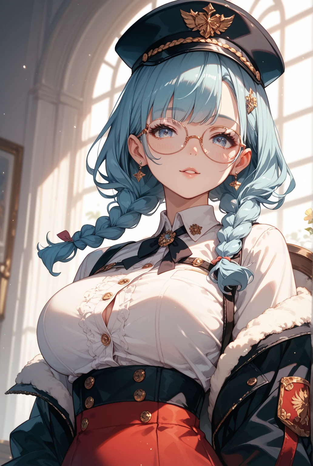 sucrosedef, \(genshin impact\), semi-rimless eyewear, (masterpiece, best quality, ultra-detailed), (volumetric lighting), 1girl, solo, beret,big breast,mksks style, standing in a sex shop