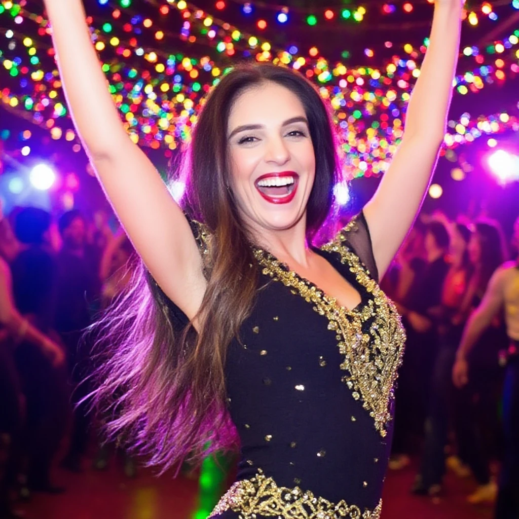 Modelo Brasileira, friendly about 20 years old,, academia, Dancing at a party, usando um vestido preto, holding a glass of alcoholic drink in red color, alegre, animada, festa cheia, dancing in the middle of the dance floor, festa a noite, lugar cheio, roupa preta, Spontaneous, without looking at the camera