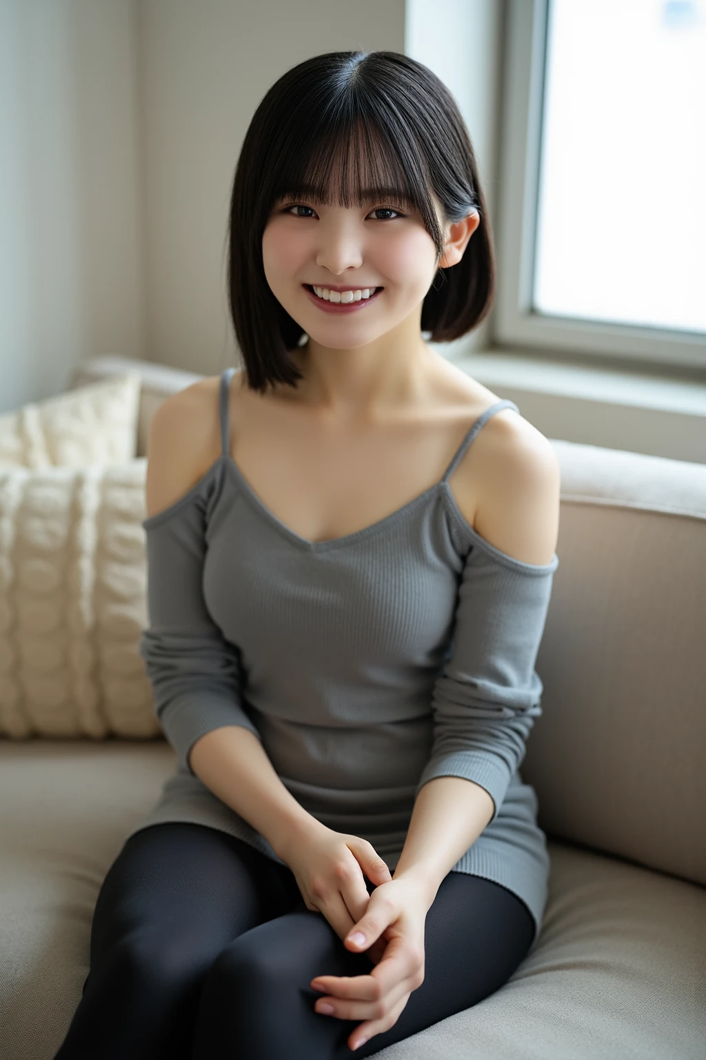 One girl, short,Bob,Black Hair,smile,Inside the room, summer,navy blue,knit,Sleeveless,Unbutton it,Bed,Sit down,Innocence,cute,Baby Face,Junior high school freshman,A small cleavage on the chest,Look here,transparent, (masterpiece, Highest quality), Soft Light, Structure of the film, Like a movie