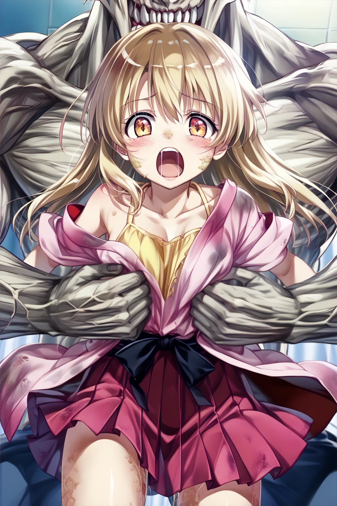 Anime painting,In the woods at a night festival, a blonde girl with twin tails wearing a pink floral yukata is picked up by a man and raped with a creampie,Highest quality,masterpiece,(((1man and 1girl,having sex))),A young and 10-year-old girl is violently raped and cums inside her, crying and screaming.,Obvious flat chest,Visible genitalia,Tears flowing,Her clothes are in disarray and her breasts are visible,A young girl spreads her legs wide in an M-shape