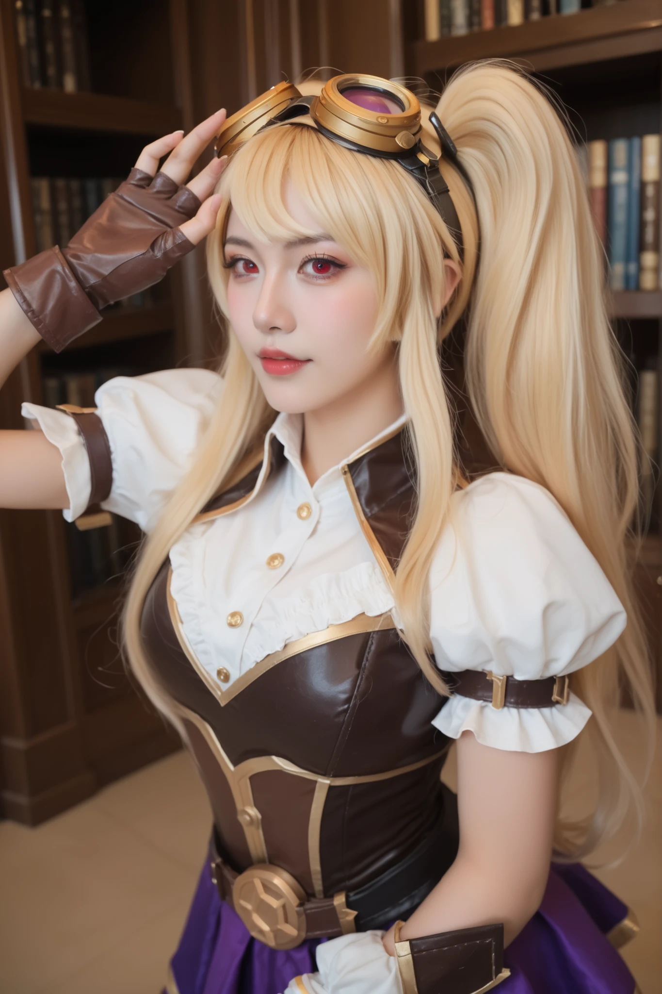Foto ultradetalhada, garota cosplayer, ela é cosplayer de layla from mobile legends, ( layla from mobile legends), twintails, blonde, blonde hair, long hair, very long hair, red eyes, goggles, goggles on head, gloves, thighhighs, skirt, short sleeves, fingerless gloves, puffy sleeves, brown gloves, puffy short sleeves, best quality, highres, perfect anatomy, detailed hands, detailed eyes, line anime, correct anatomy, , she's in a library ,ele real, textura da pele,detailed facial features, sardas,Ance, She is in a verdant field