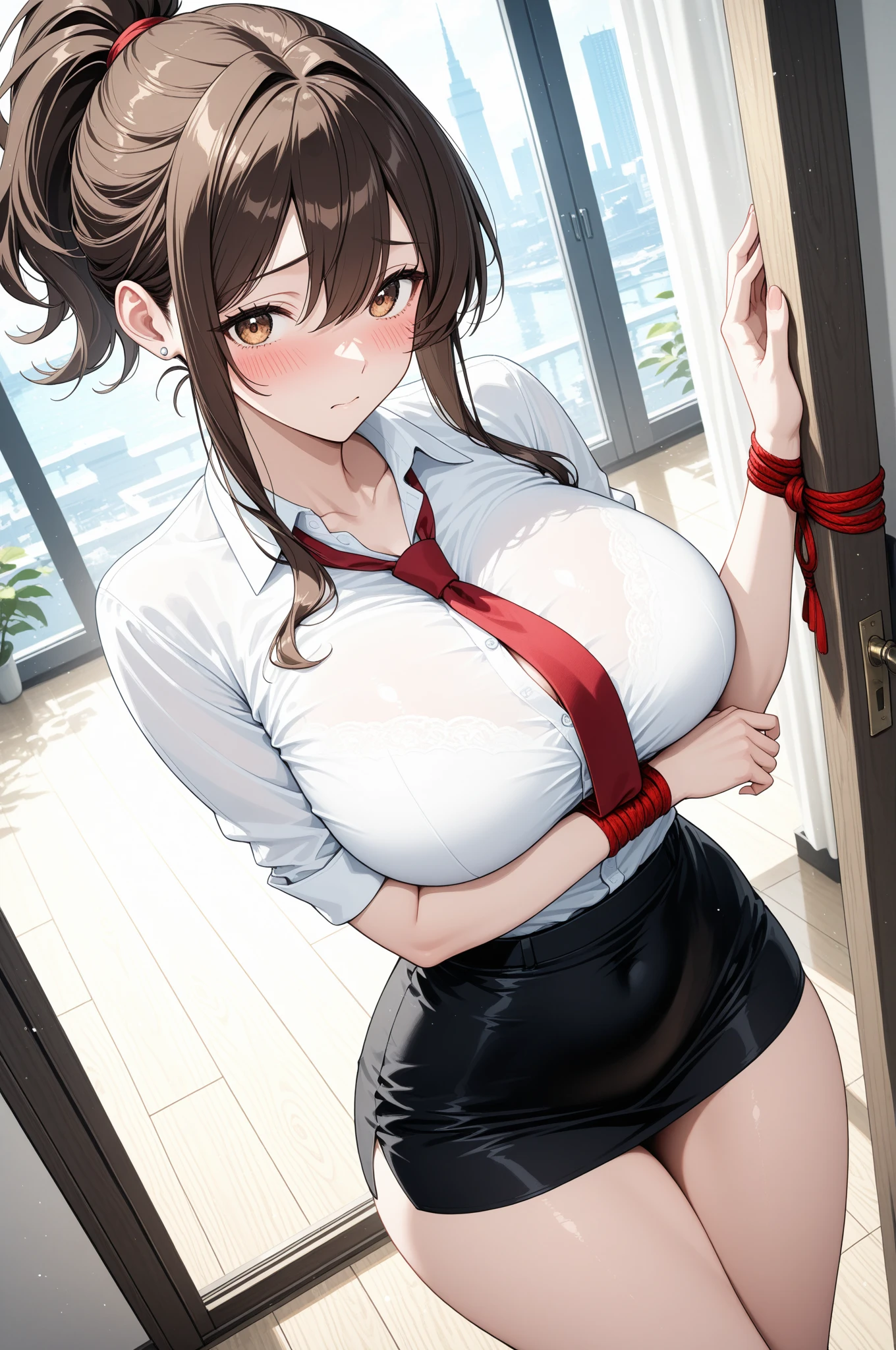 disgusted look, angry, busty, big breasts, massive breasts, pov eye contact, thicc, cleavage, red lipstick, sagging breasts