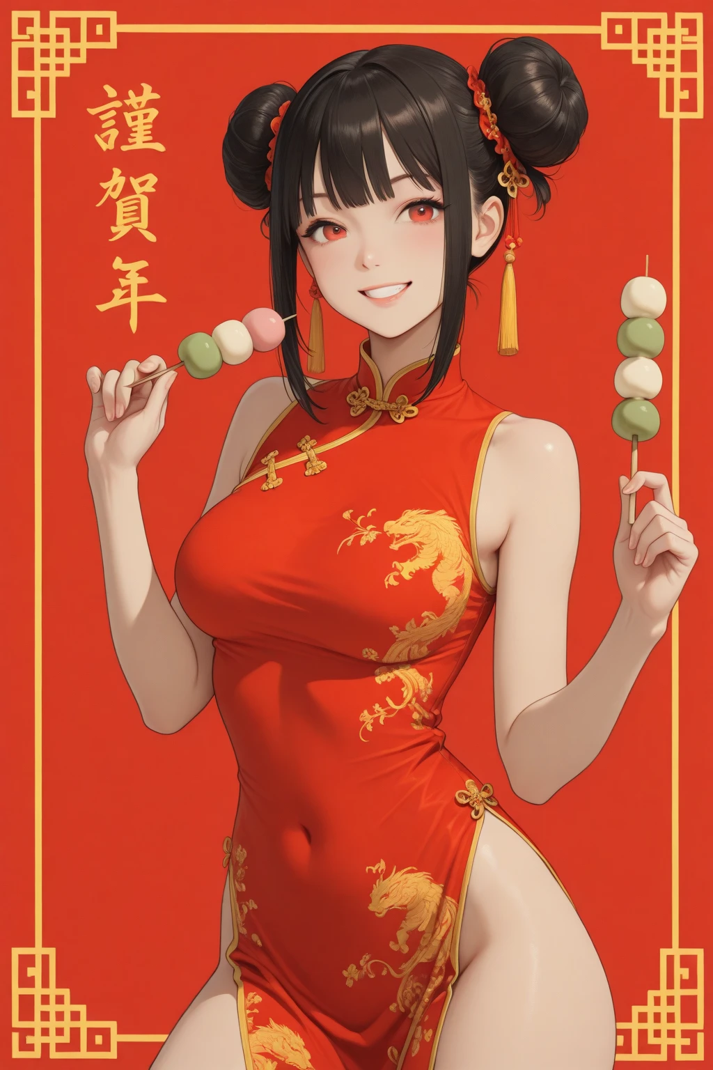 score_9,score_8,score_7,score_8_up,score_7_up Exotic furry cartoon, oriental character, 1girl, breasts, tail, animal ears, solo, fox ears, fox tail, dress, skindentation, cheongsam, from the side, big breasts, blush, white background, fox girl, looking at viewers, bare shoulders, short hair, animal ear fluff, food, simple background, holding, cheongsam, cowboy shot, detached sleeves, Hair ornament, red dress, long sleeves, buttocks