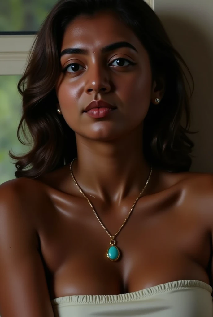 score_9, score_8_up, score_7_up, score_6_up, score_5_up, score_4_up, (((Haitian woman))), ((dark-skinned)), Very long hair, hazel eyes, brown hair, gold hoop earrings , golden necklace, white see through top, large breast, perky cleavage, nipples,  perfect lighting, portrait, closeup, realistic, highly detailed 