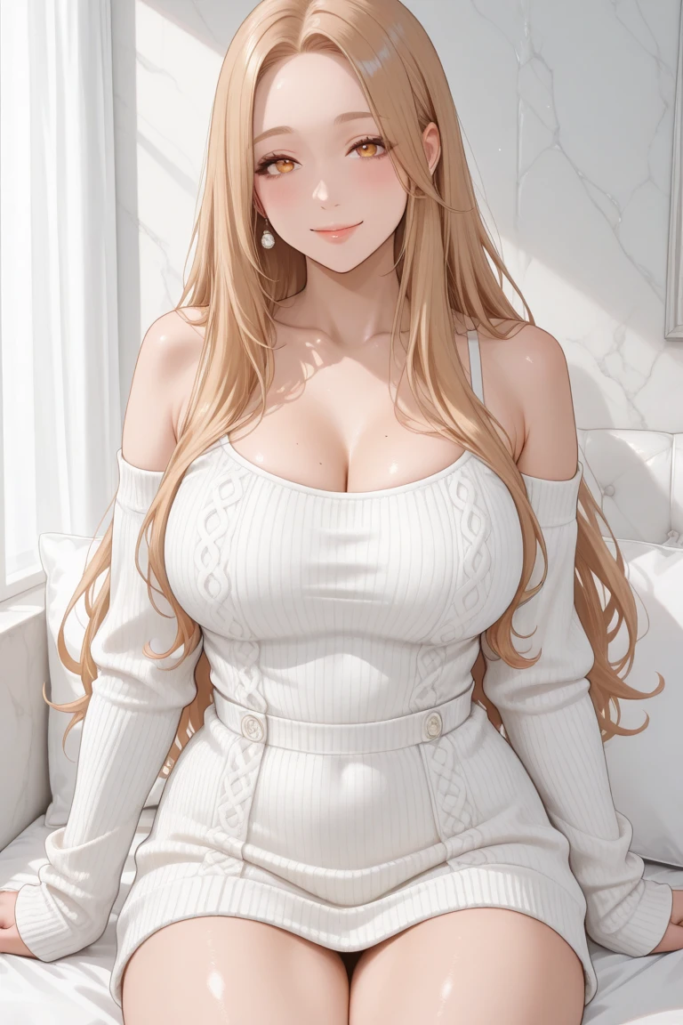Top quality、Top image quality、masterpiece、girl((18 years old、Best Bust、big bast,Beautiful blue eyes、Breasts wide open, A blonde、Slim,Oyama Valley、White sweater dress、White pants、hands holding tea cup)）high quality、beautiful art、background((The room was clean and tidy.、Pink floor mat、Wooden table、Fashion bed)))、,On the table、visual art、Depth of Field、Huge Breasts（10.0），Deep cleavage（10.0），Protruding nipples（10.0）