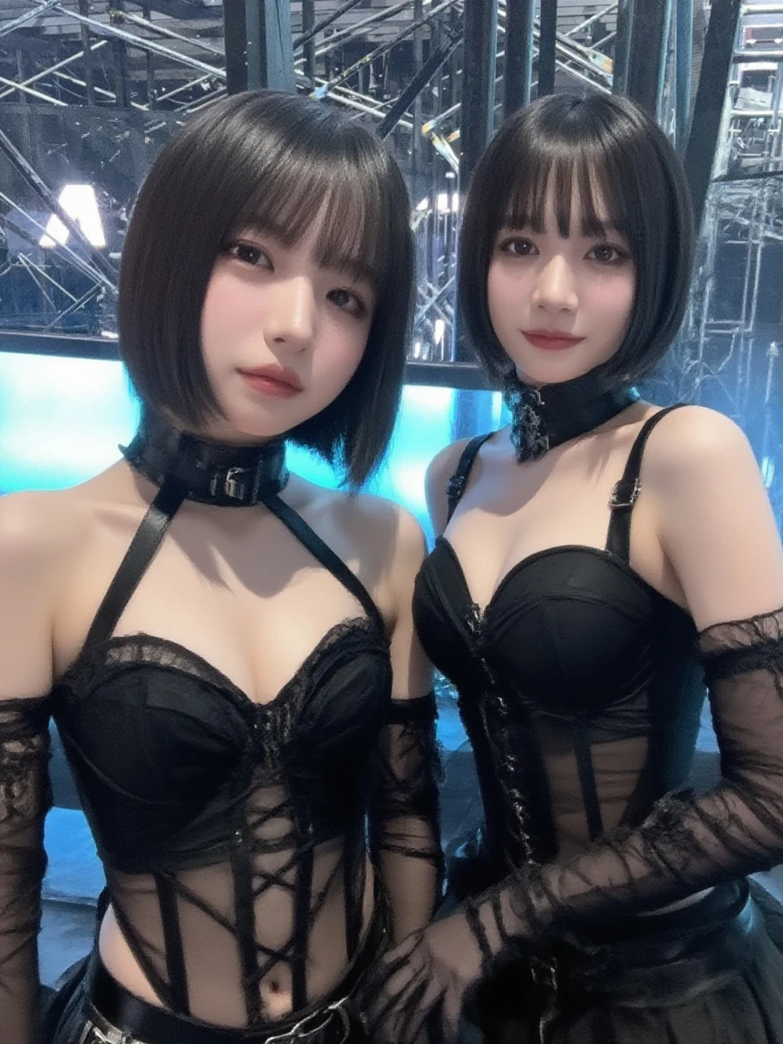 (All models are female),(All have shaved hair), baldhair, skinhead, japanesegirl, threesome japanese women, Hairstyle: shaved head, Highest quality, portraits, The costume is a golden corset, black high heel boots, black long gloves, 8k, japanese woman,(baldhair, shaved head), Three people striking sexy poses on stage, sexy, voguing pose, dark makeup