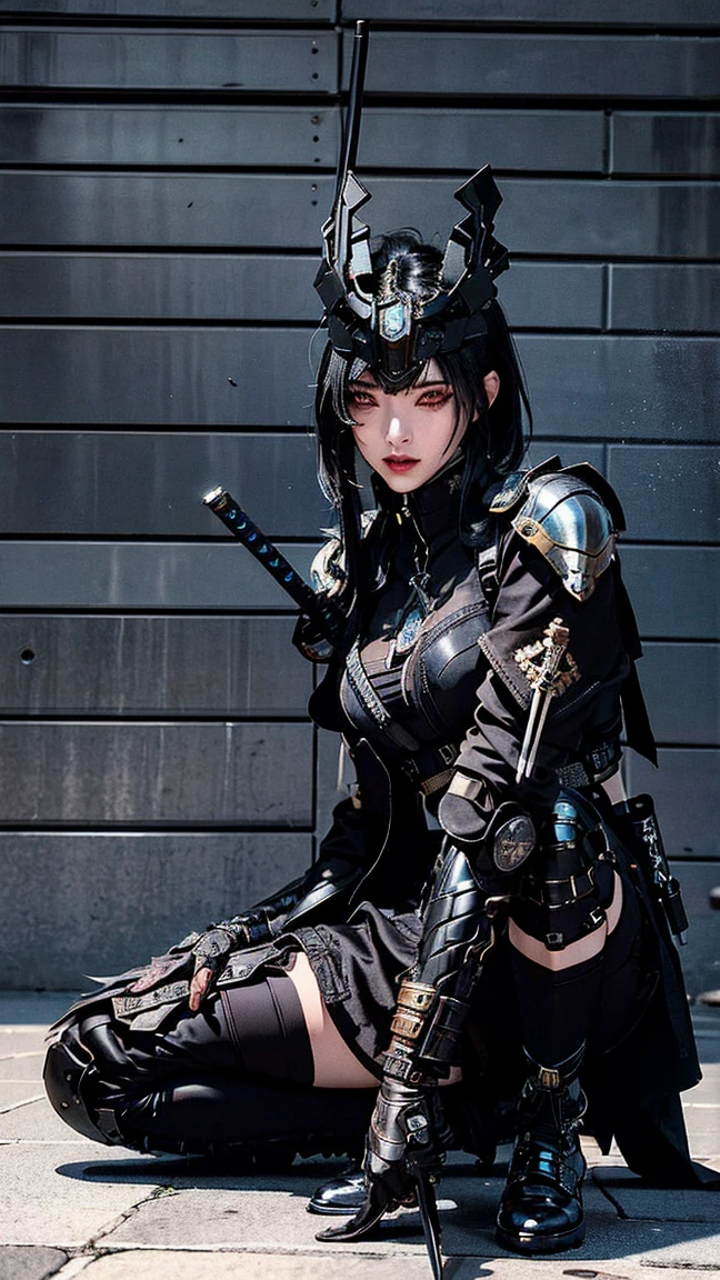 Surreal version of a woman kneeling down on one knee with sword in hand, Sitting on the wall,very beautiful cyberpunk samurai,Sitting on the wall,Futuritic background, Smoke color background, cyberpunk anime art, cyberpunk samurai, cyberpunk city anime art, cyberpunk anime, cgsociety 9, digital cyberpunk anime art, style of maciej kuciara .1girl, samurai armor, devil mask helmet, intricate, detailed ornaments, cold colors, metallic, Egyptian details, details very complex, realistic lighting, trending on social cgs, glowing eyes, facing camera, Brick wall,neon details, surreal details, full body portrait, Japanese atmosphere, lighting global, shadow, octane rendering, 8k, super sharp lolita.((Best quality)), ((masterpiece)), (details:1.4), 3D, image of a female cyberpunk beautiful,HDR (High Dynamic Range),Beam Range,NVIDIA RTX,Ultra High Resolution,Unreal 5,Subsurface Scattering,PBR Textures,Post-processing,Anisotropic Filtering,Depth of Field, Maximum clarity and sharpness, Multi-layer textures, Albedo and Reflection maps, Surface shadows, Accurate simulation of light-material interaction, Perfect scaling, Octane rendering, Two-tone lighting Color, Wide Aperture, Low ISO, White Balance, Rule of Thirds, 8K RAW,
