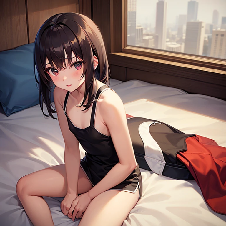 masutepiece, Best Quality,hyperrealistic illustrations,Perfect focus, 1girl in,Megumin, Short hair, Dress, Red dress, hat, Witch Hat, Belt bag,On the bet,((Lying on your back:1.3)),(Spread legs:1.3) ,(Black Ultra Micro Panties,Black panties that dig deep,Very thin wet black panties),(:1.4),Looking at Viewer, Cute, tiny chest,small tits, red eyes, A dark-haired,Beautiful detailed eyes, Detailed skin,Detailed clothing,Detailed panties,Detailed female genitalia,embarrassed, is crying,Late night bedroom background,(Low position shooting: 1.5),(Close-up in the crotch:1.5),full of sweat