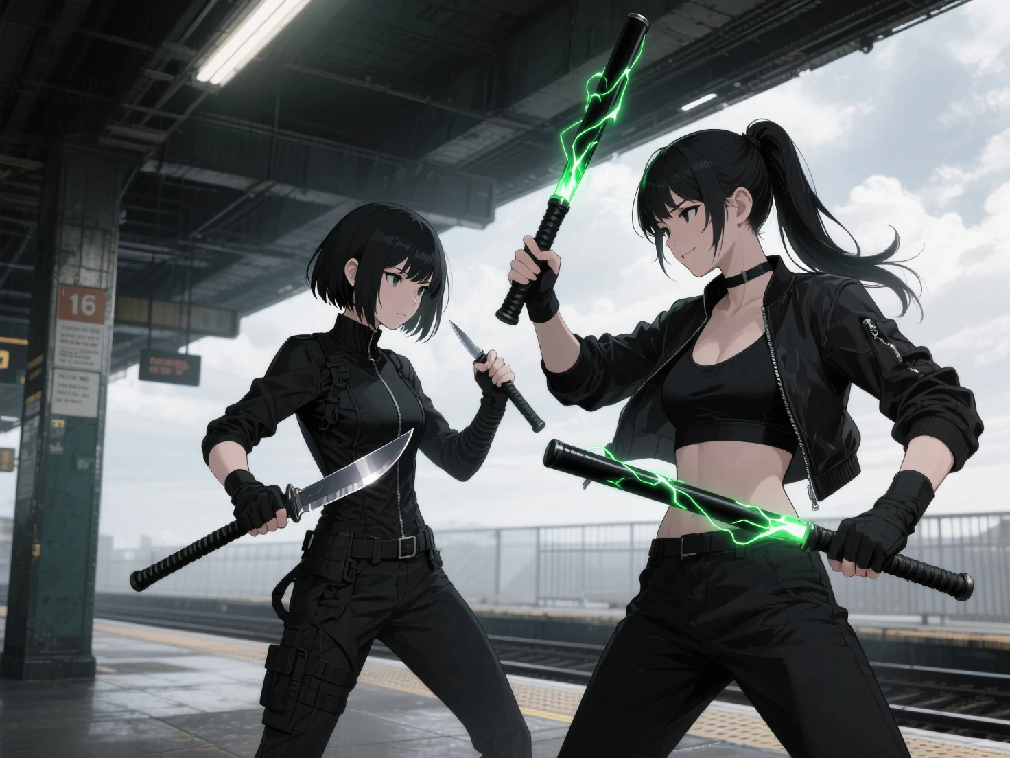 2077 Cyberpunk Female with a striking figure with an athletic build. Her raven-black hair is often tied back into a tight ponytail. She has sharp, piercing green eyes and a scar running down her left cheek, a memento from a past fight. Her attire usually consists of a black sleeveless hoodie, dark cargo pants, and combat boots. On her hands, she wears a pair of custom-made brass knuckles gloves, intricately designed and engraved with her name.