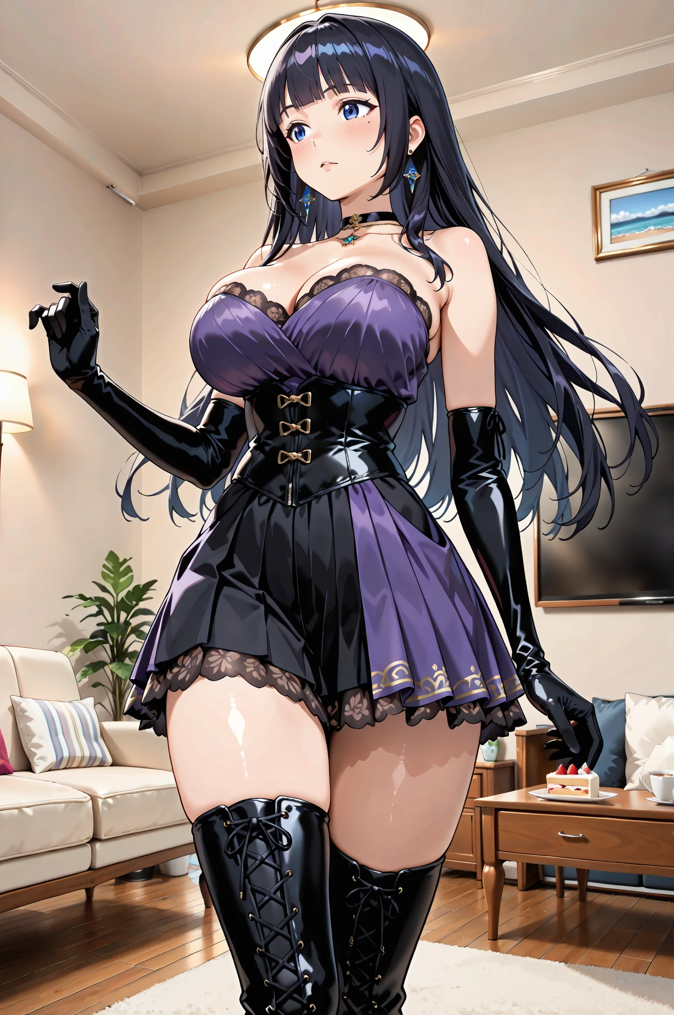 photorealistic, octane render, best quality, 1girl, skinny, petite, narrow waist, long hair, (fringe hair, Deep purple hair:1.1), purple eyes, huge breasts, black dress, short skirt, black thighhighs, hair ornament, armband, choker, jewelry, standing, thighs, makeup, smile, looking at viewer, sharp focus, (8k), (4k), (Masterpiece), (Best Quality), realistic skin texture, extremely detailed, intricate, hyper detailed, illustration, soft lighting, high resolution, sharp detail, vivid, colorful, indoors, living room, flat screen television, detailed background,  <lora:add_detail:0.6> <lora:YorBlackDress:0.85>