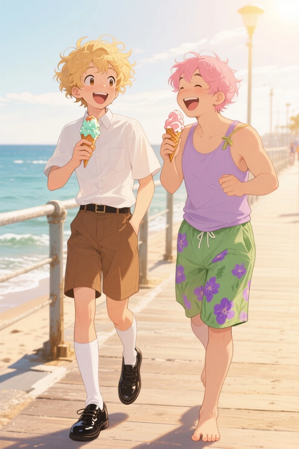 A girl in a simple white tshirt and pants eating ice cream on beach