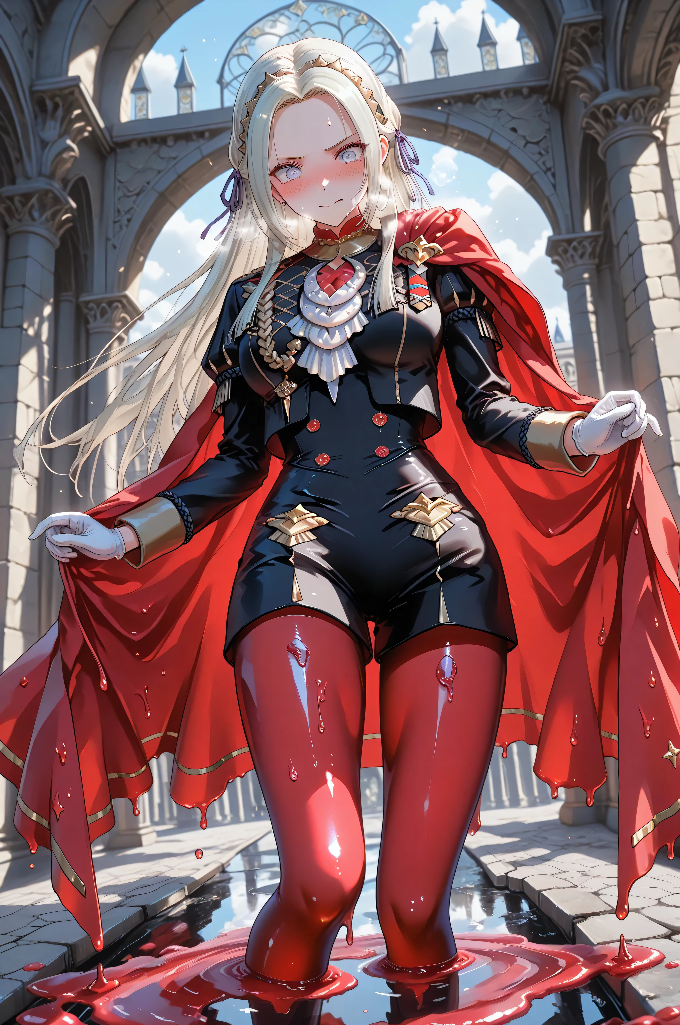 eyesHD,wizardslimus,transparent head,(sexy adult Edelgard:1.0, erotic face, blushing, heavy breathing, dynamic pose:1.0, translucent:1.0, subsurface scattering:1.0, transparent, transparent red cape, transparent red pantyhose, undressed, exposed top), dripping,puddle,melting:1.0, melting intensely:1.0, slimegirl, liquidy, amazing angle, amazing perspective, scenery, garreg mach monastery, nice image composition,