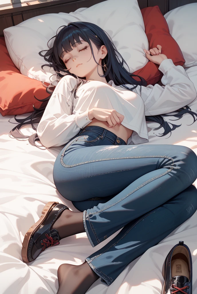 masterpiece, ultra detailed, 8k portrait, RAW photo, portrait photography, highly detailed face, 1 woman, (lie in bed:1.5), 25 years old, (small eyes), glasses, (black long bob hair), (hair over one eyes), (white skin color), (wearing long T-shirt), (silk pants:1.5), Midday Sun, hyper realistic, Body model, (Small breasts:1.2), Beautiful breasts, (big butt), Long legs, in living room, Ambient lighting, Shadow details, Camera focus on face, strong breeze, Light fog