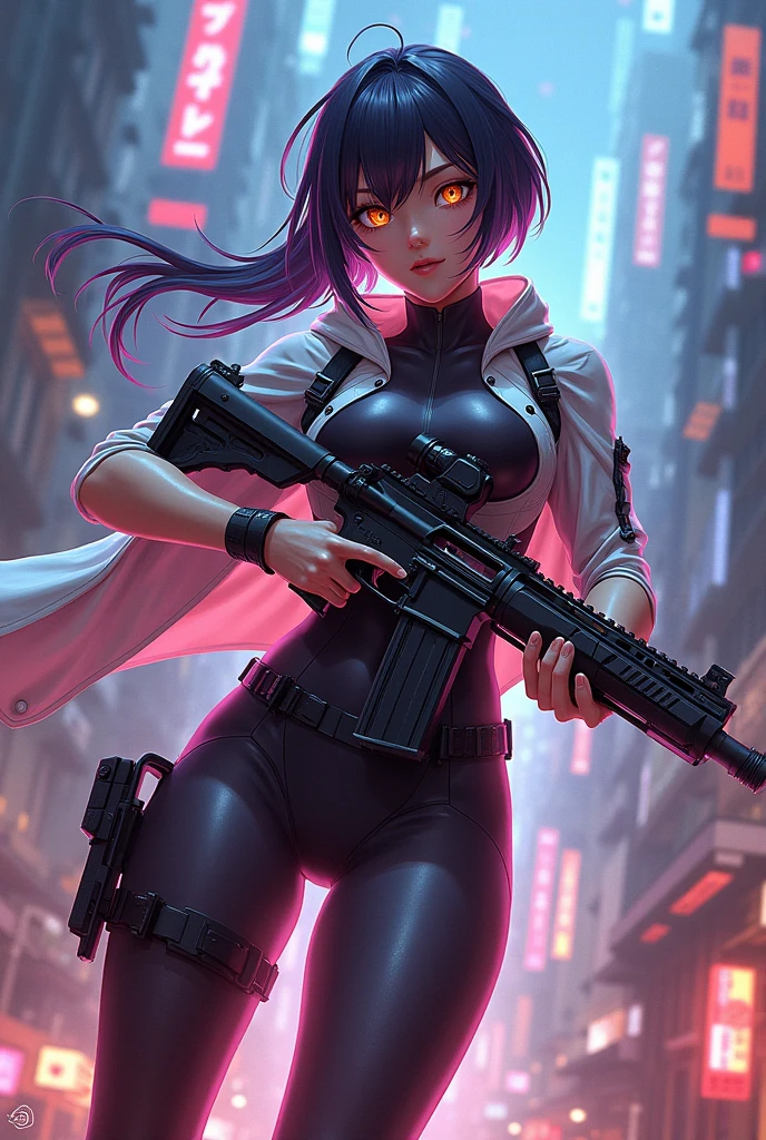 Highly detailed, stylized digital artwork featuring characters from a cyberpunk setting. The subject is a muscular, voluptuous woman with plump, oily skin crouching on a rooftop against a cityscape of neon lights and skyscrapers in the background. The character has intense red eyes and wears a hooded cape, miniskirt, cleavage, belly button, thighs and buttocks. It also comes with red and black tactical gear, including fingerless gloves, arm guards, and various straps and buckles. His face and body were covered in white, sticky fluid. The overall color tone is mainly dark, combined with eye-catching red, creating a dramatic and strong atmosphere.