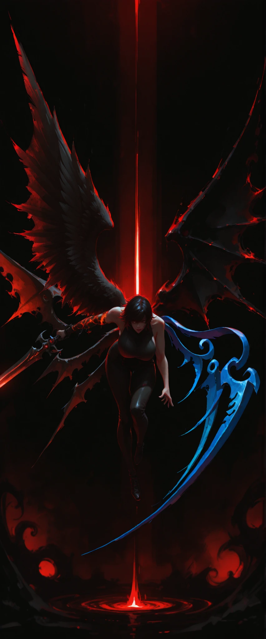 (big breasts), (right wing of light:1.5), (left wing of darkness:1.4), (asymmetrical wings:1.4), (dynamic, posed, angled)