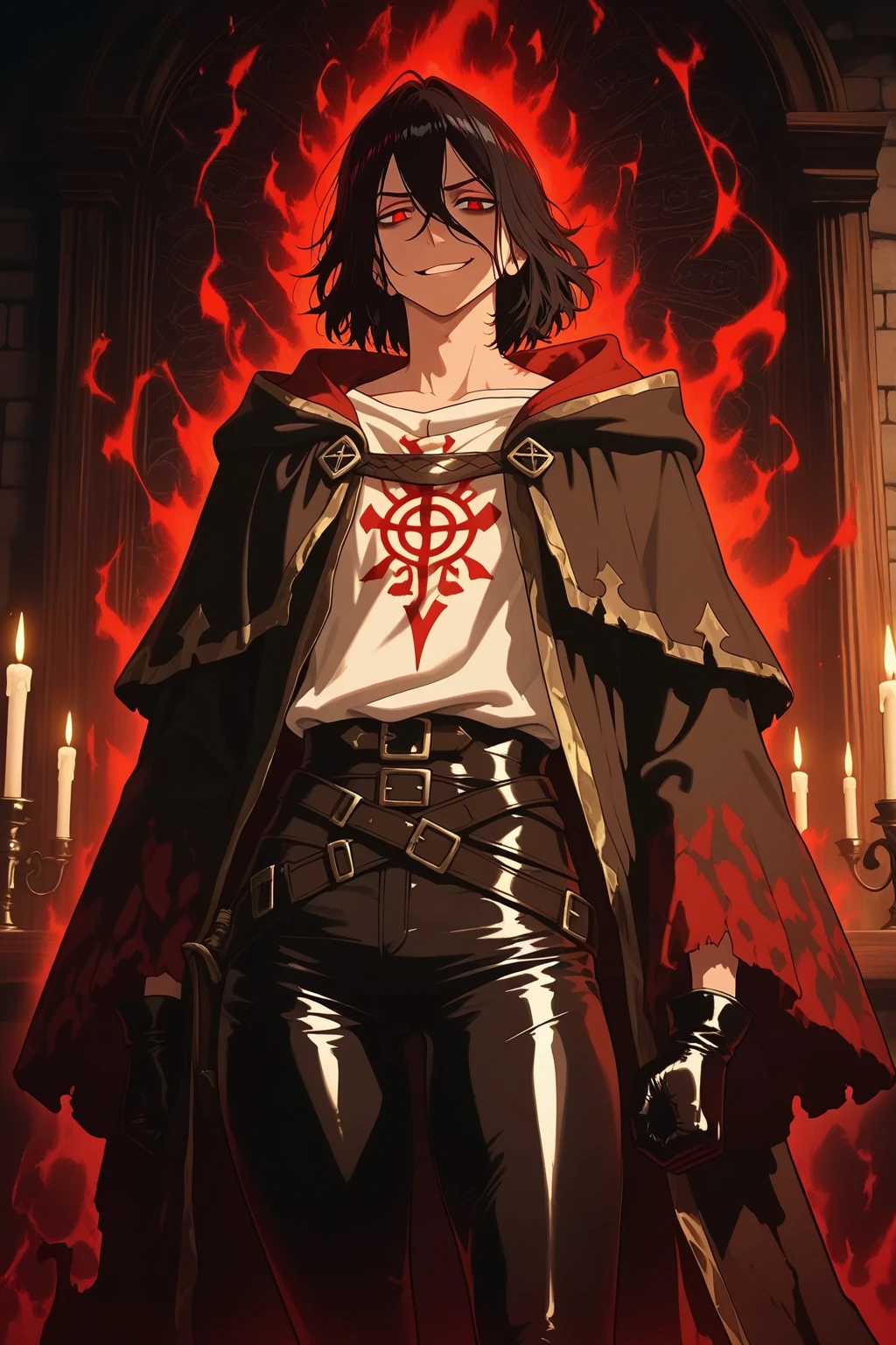 Human Male, Black hair Style , Skin Coat , Red shirt, Heterochromia