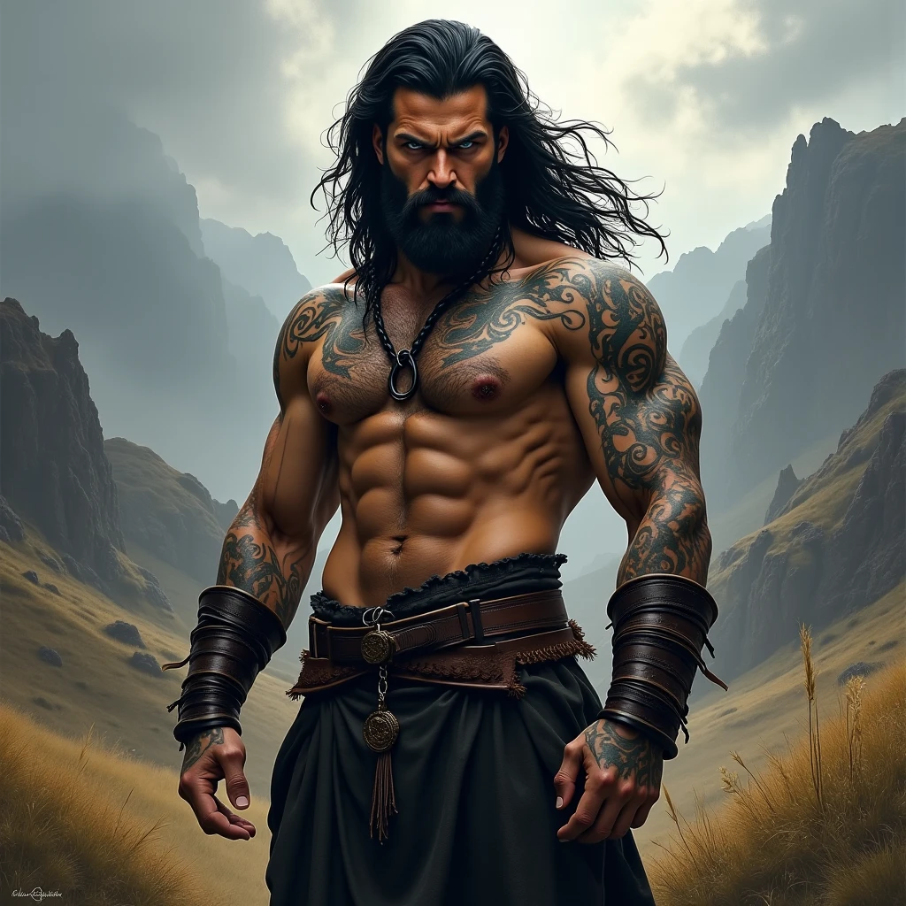 Ultra details, high resolution, realistic : 1.37, hades, god of greek mythology, bearded, Muscle, powerful, dark sky, atmosphère sombre, Hades.