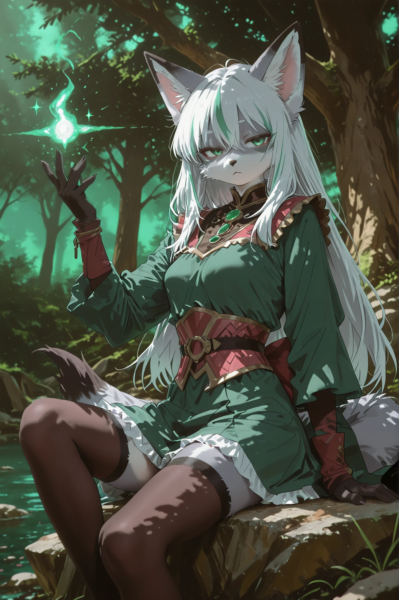 Kemono,A kemono-style fantasy furry character illustration of a female red fox with long wavy silver fur and white highlights. She has emerald green eyes and a gradient ombre pattern on her tail. She wears an ornate battle mage outfit with glowing symbols. She is sitting on a floating rock in a magical forest, raising one hand to cast a spell. The art is highly detailed, with soft lighting, semi-realistic rendering, and a mystical fantasy atmosphere.