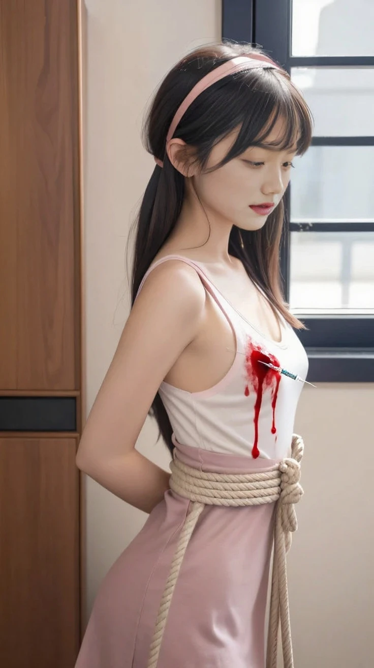 8K、Top image quality、masterpiece、25-years old、(1 adult female)、White Off Shoulder Dress、Horror style、High-speed shutter、motion-blur、Action Figures、angry expressions、The dim、A knife with blood glows suspiciously、various parts of the body are cut out and bleeding,,、Blood vessels in the chest are faintly visible、There is also a lot of blood in clothes、She's pretty excited、She holds a knife in the dim light、Glaring at us