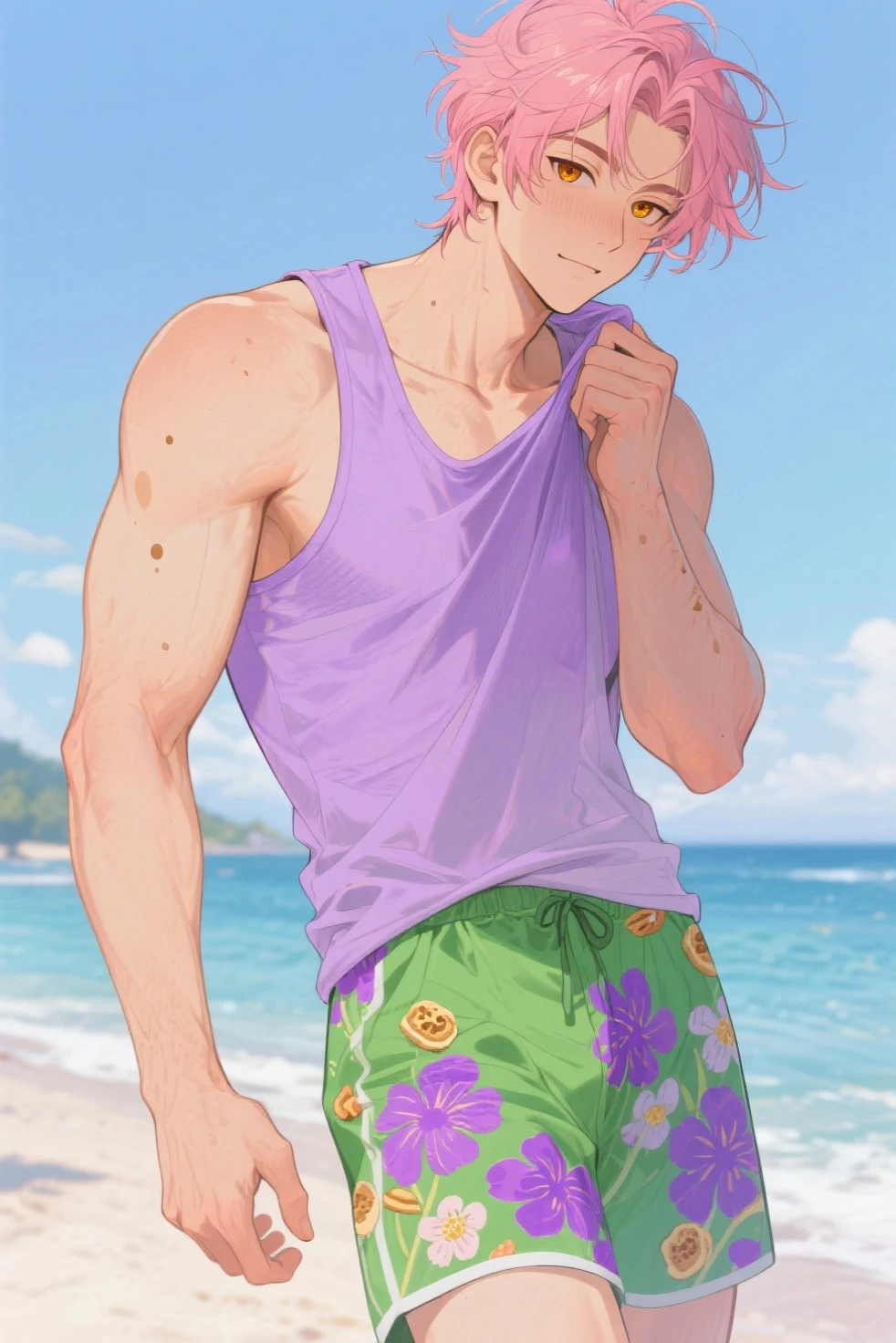 A handsome muscular pink haired man with violet eyes with long hair in swim trunks is holding a coconut at the beach