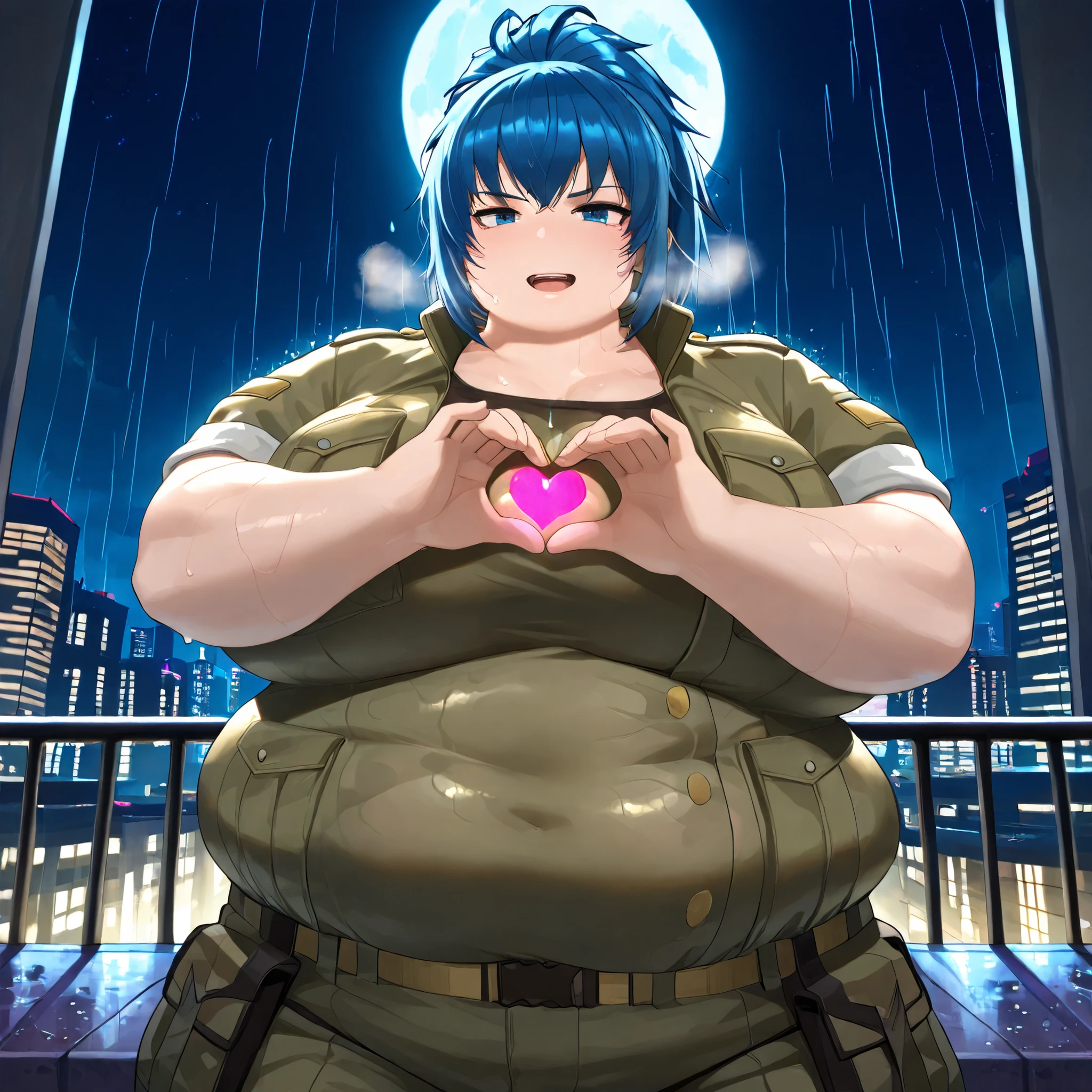 masterpiece, best quality, 1girl, solo, looking at viewer, Leona Heidern, blue hair, blue eyes, ponytail,, , outdoors, rooftop, cityscape, building, (rain), , , cowboy shot, soldier outfit, night, starry sky, wet clothes, wet, wet hair, moon, city lights, dark theme, dim lighting, dark background, silhouette, backlighting, light smile, fat, chubby, obese, gigantic arms and legs, large breasts open mouth, out of breath, sparkle, heart hands,