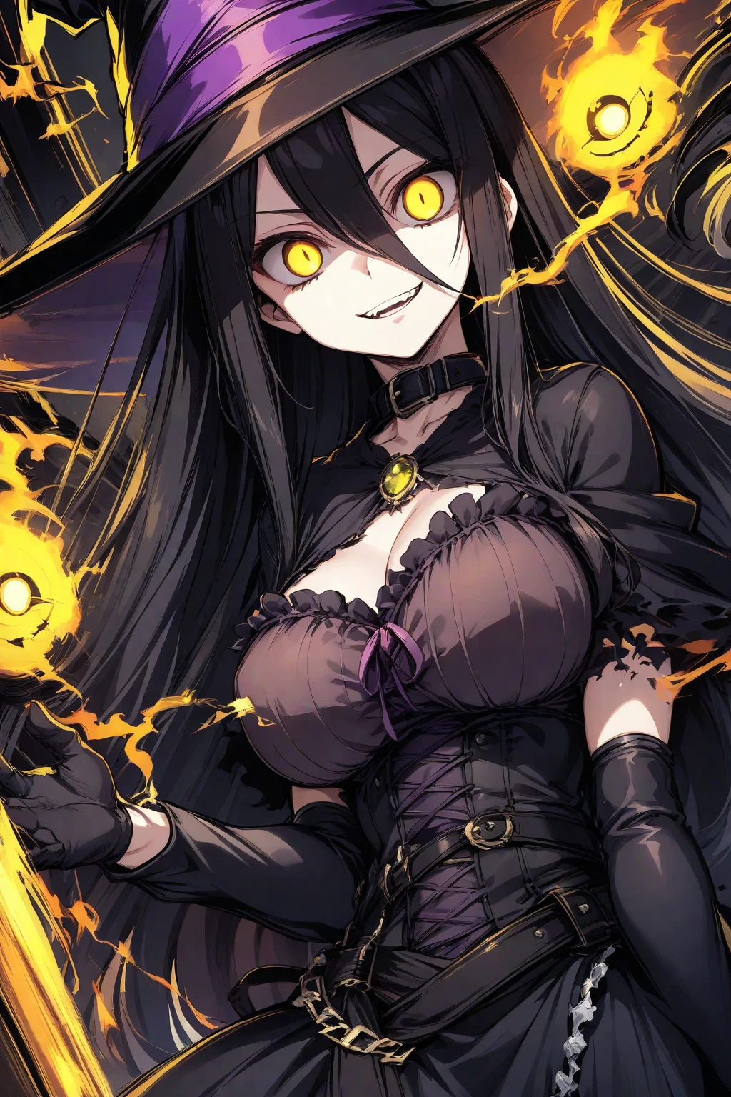  1girl, long hair, black hair, yellow eyes, dark makeup, heavy makeup, evil smile, evil grin, teeth, mask, large breasts, shorts, combat boots, professional wrestler, wrestling ring, bright lights, pyrotechnics, crowd, 