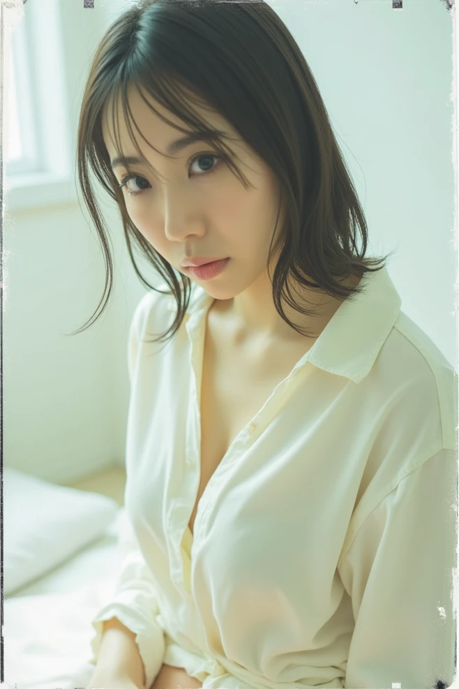 (masterpiece:1.2), Very detailed, Ultra-high resolution, (Realistic, photo Realistic:1.37), High-resolution RAW color photos, Professional photos, Dramatic lighting, Sharp focus:1.2, (Very detailed顔と肌の質感, Very beautiful eyes, Glossのある肌, Glowing Skin, Glowing Skin, Shining Face, Gloss, Oily skin, greasy face, Oily skin, greasy face, 強いGloss), Perfect Anatomy, Very detailed背景, 1 female, 25-year-old woman, Japanese women, (Short Bob Hair, Straight hair, bangs:1.3, Brown Hair), (Lean:Weight 1.0), (Flat Chest:1.5), ((Bedroom)), (((night))), (((Dark Room))), Thighs, ((Too sensual、Erotic、Invite to sex)), ((Sensual)), Woman close up, Warm color scheme, ((Glowing Skin)), (((Sit on the bed))), (Please raise your hand), ((suit)), (See-through white shirt), ((Revealing cleavage,(Cleavage:1.1)), (Black pencil skirt), (((mini skirt))), (((undressing shirt))), (((Half-naked shirt))), (real Glossのある肌 texture), (Glowing Skin), ((Scary face)), ((Displeased)), ((On the verge of tears)), (((White skin))), Browsing Caution