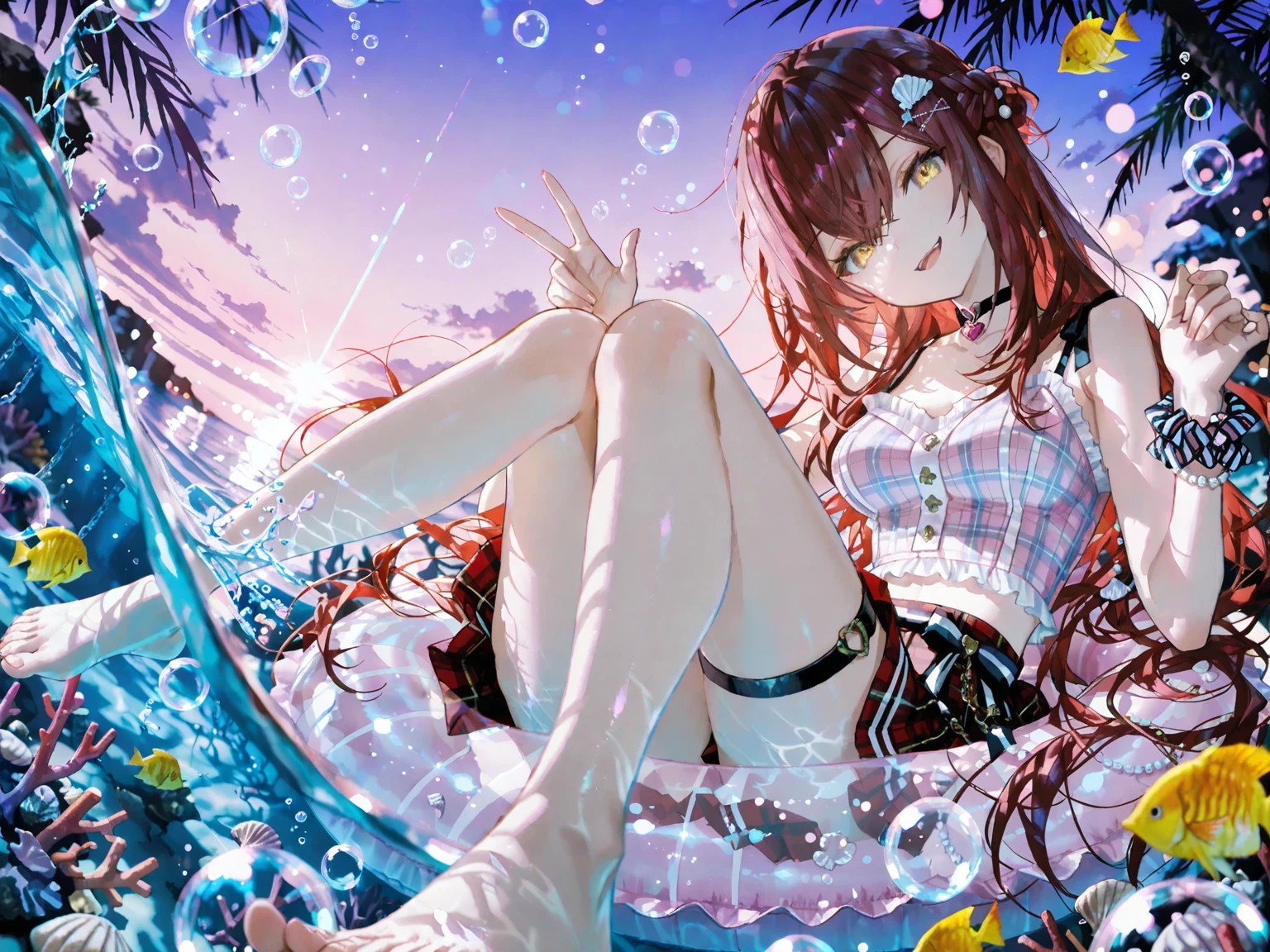 (masterpiece, Best Quality, ultra detailed, best shadow), (beautiful detailed face:1.3),(Alone), (family_friendly:0.8),high contrast, ultra high resolution,(1 girl under the deep sea:1.6),(dive and pet a whale:1.3),Whole body, swimsuit,refract light from above,bright_light,vivid algae,colorful corals, looking_far, pez tropical,(turbulence disturbed hair:1.2),([blue|the payment] hair:1.1) pink panties 