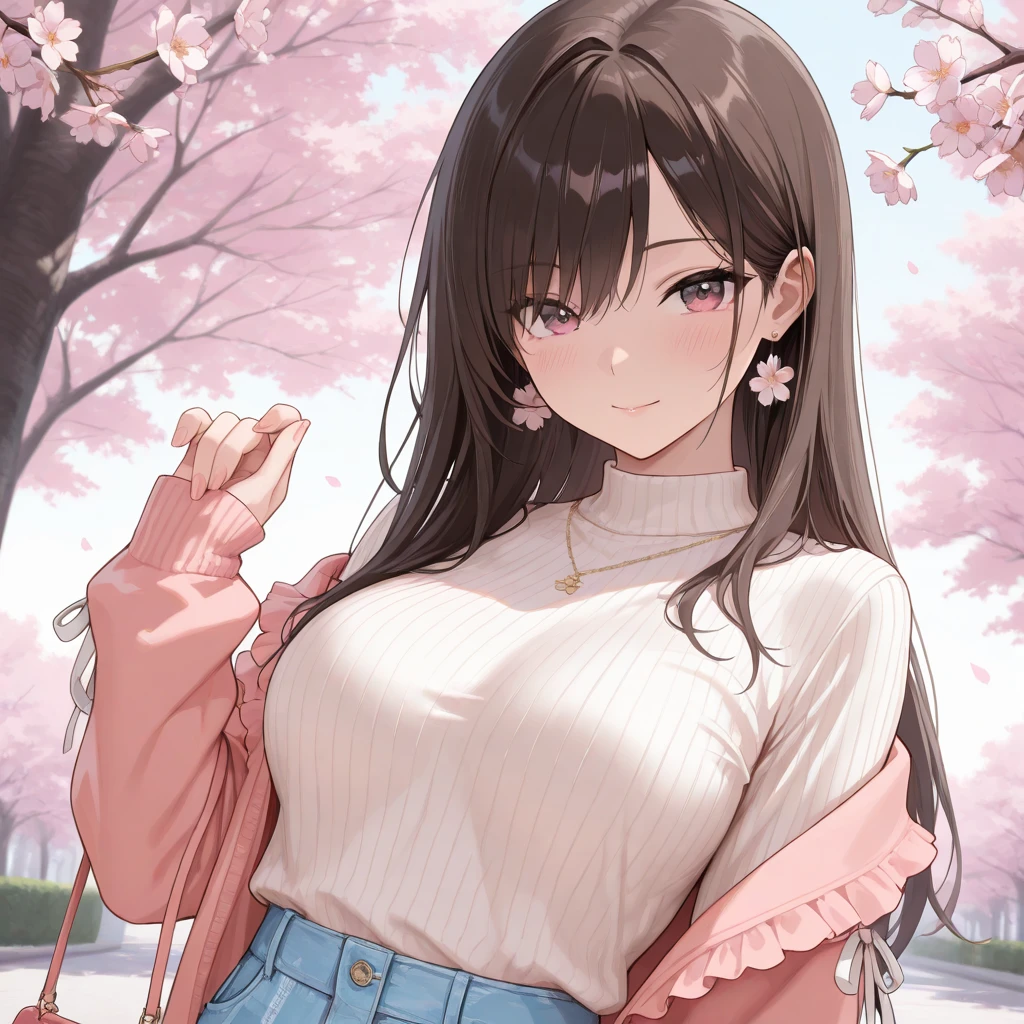 ((masterpiece, best quality, highres, UHD, RTX, perfect pixel, depth of field, 4k, extremely-detailed))), 1girl, single, solo, beautiful anime girl, beautiful artstyle, anime character, ((long hair, bangs, dark brown hair)), ((green eyes:1.4, rounded eyes, beautiful eyelashes, realistic eyes)), ((ethnicity Turkish)) ((detailed face, blushing:1.2)), ((smooth texture:0.75, realistic texture:0.65, photorealistic:1.1, anime CG style, vibrant color)), ((medium breasts, cleavage:0.9, busty)), dynamic angle, perfect body, ((POV, dynamic pose, portrait)), ((white sweater, long sleeve, black skirt, fashionable, single handbag, 1diamond necklace)), smile, open mouth, amusement park, ((cherry blossom tree, cherry blossoms fall))